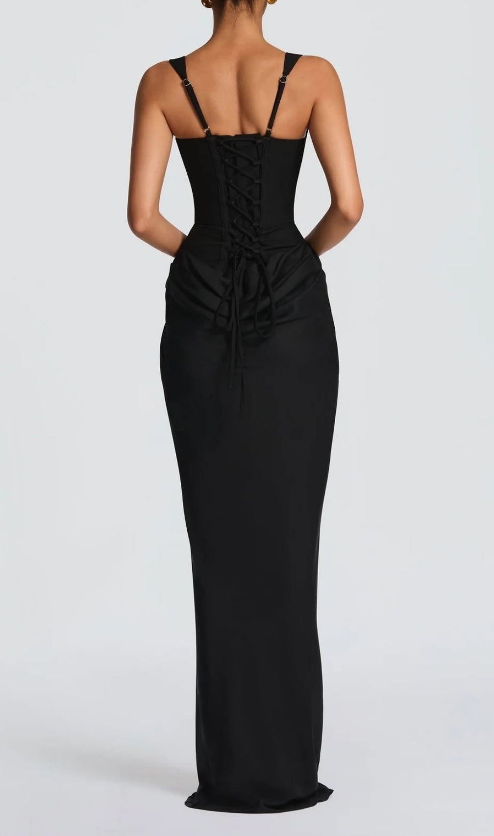 Keelia Elegant Black Corset Maxi Dress - Figure-Flattering Ruched Strappy Gown