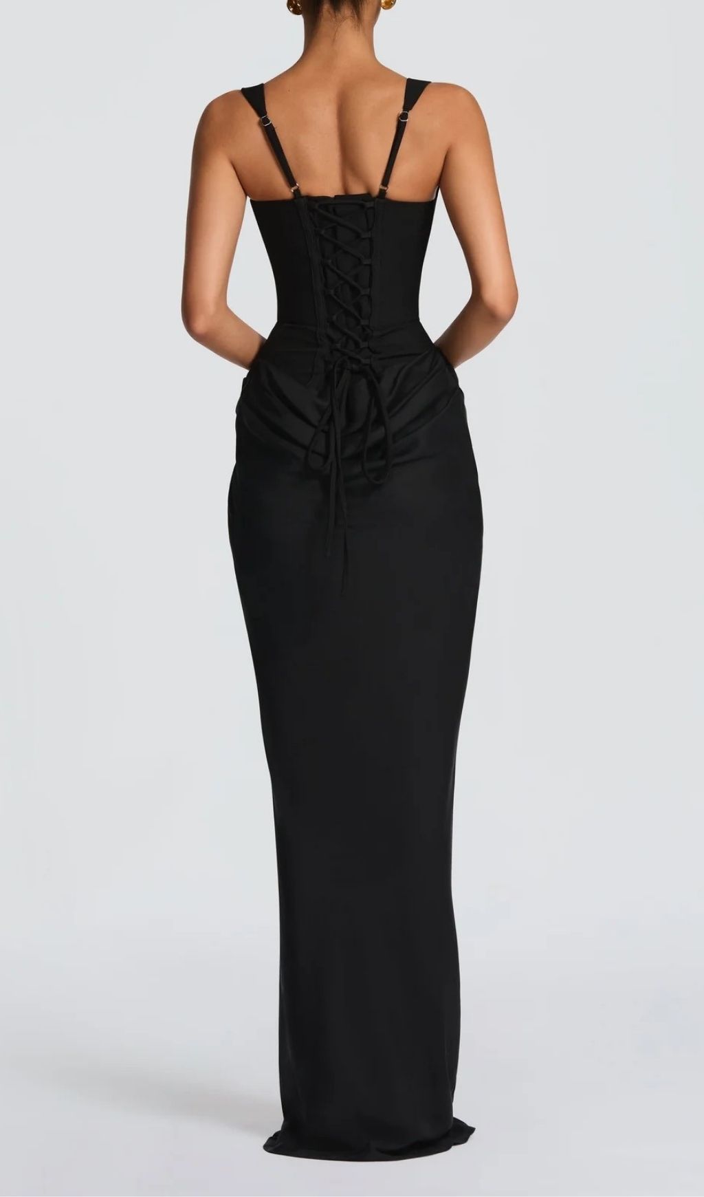 Keelia Elegant Black Corset Maxi Dress - Figure-Flattering Ruched Strappy Gown
