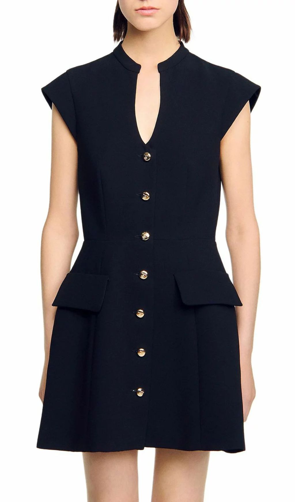 Jordon Chic Black Mini Dress | Button-Front with Gold Accents & Cap Sleeves