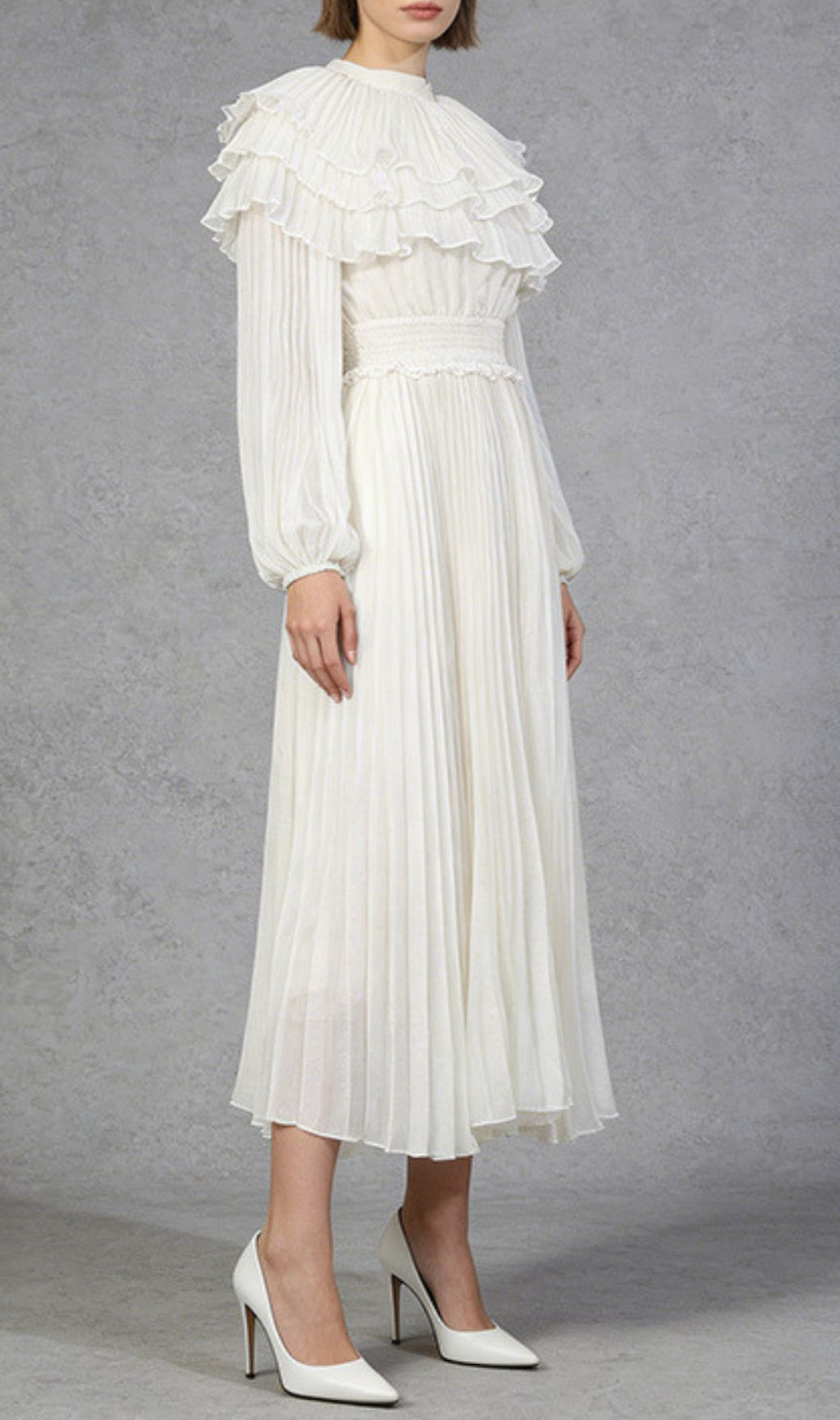 Julisa Ivory Ruffle Pleated Midi Dress - Elegant Long Sleeve for Women