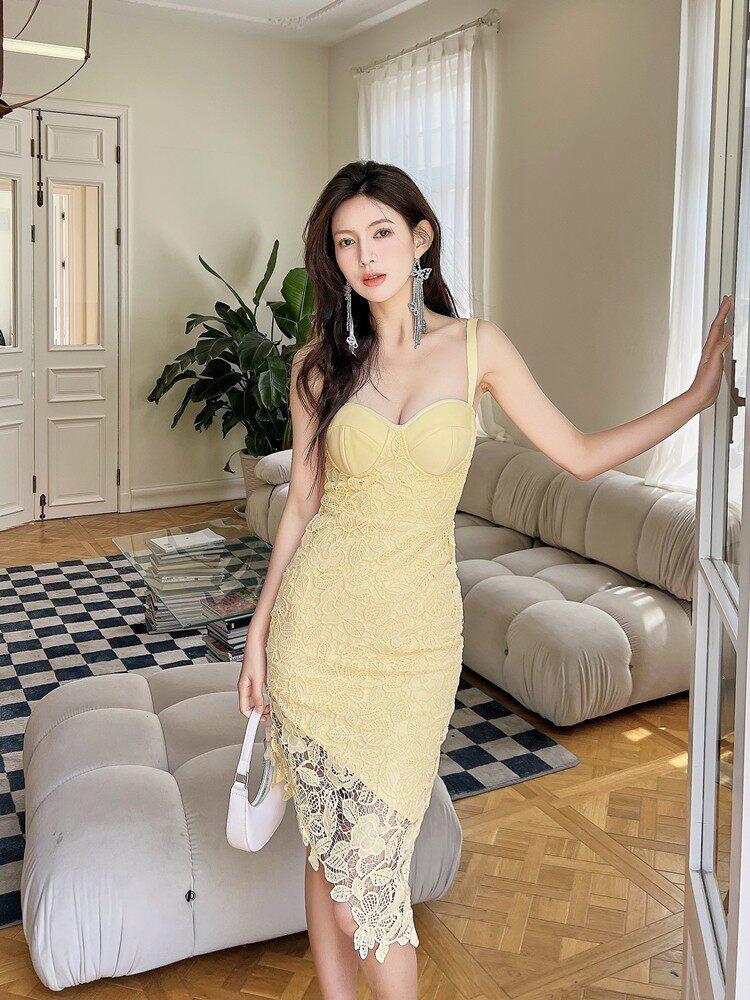 Allure & Elegance: Yellow Openwork Lace Strappy Asymmetrical Midi Dress