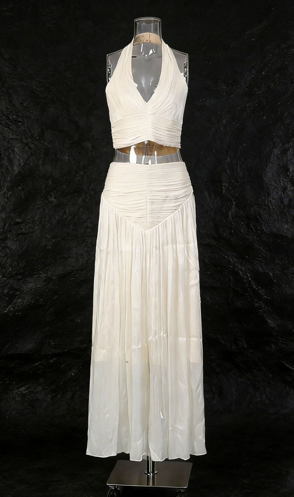 Jania Chic Halter Crop Top & Pleated Maxi Skirt Set | Elegant Two-Piece