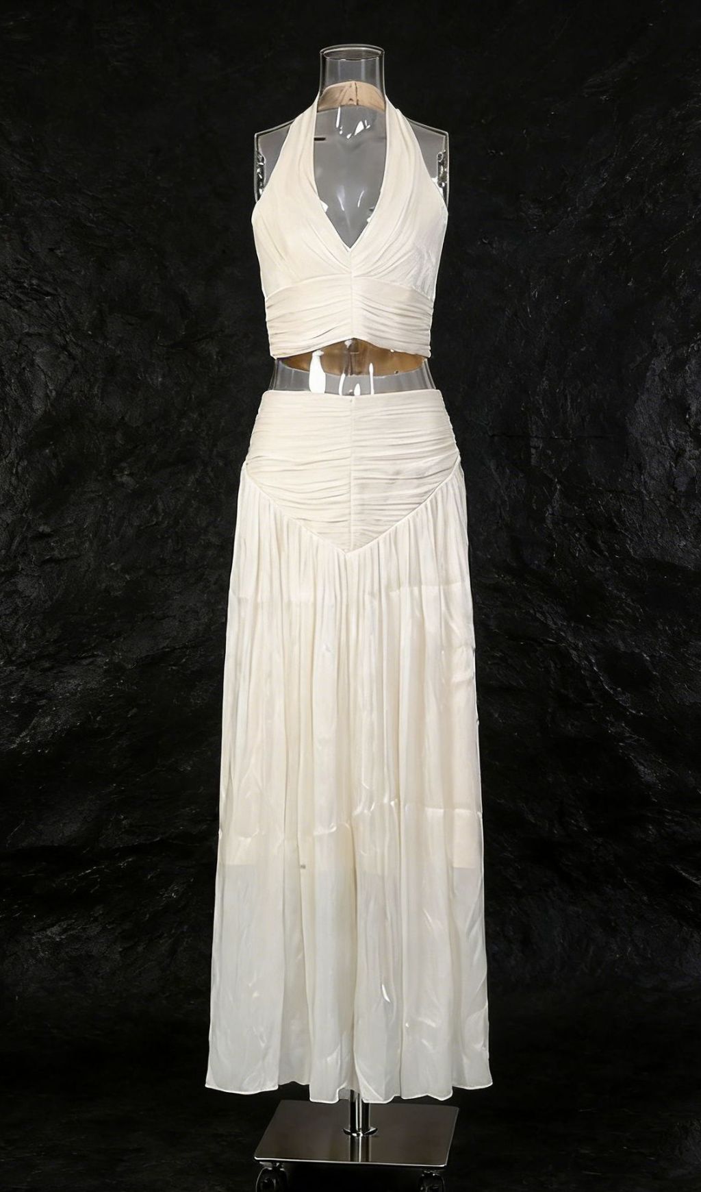 Jania Chic Halter Crop Top & Pleated Maxi Skirt Set | Elegant Two-Piece