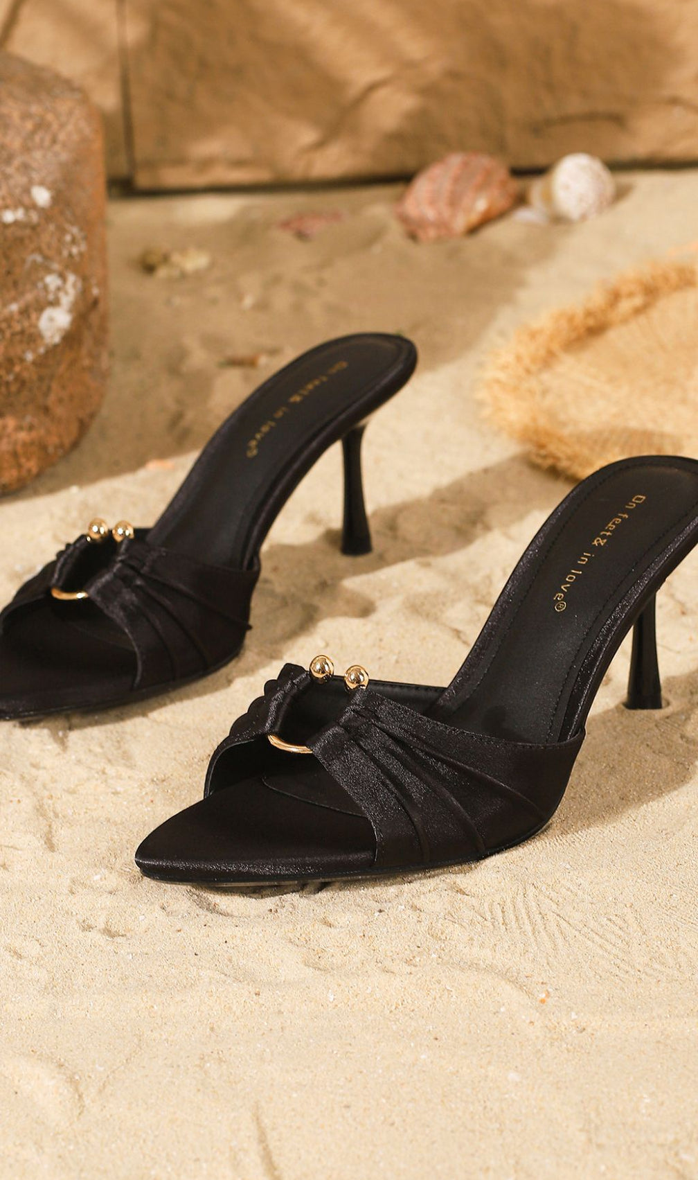 Haydn Black Pointed-Toe Mules | Chic Satin Slides with Gold Accent - On feet & in love®