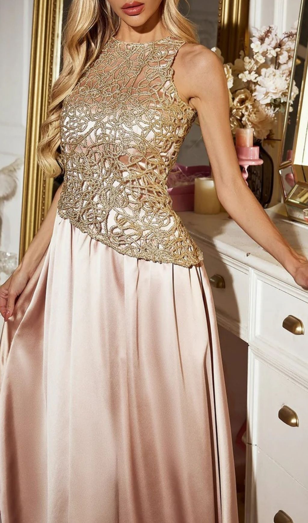 Xorvin Golden Lace Bodice & Champagne Satin Midi Dress - Elegant Sleeveless Cocktail & Party Gown