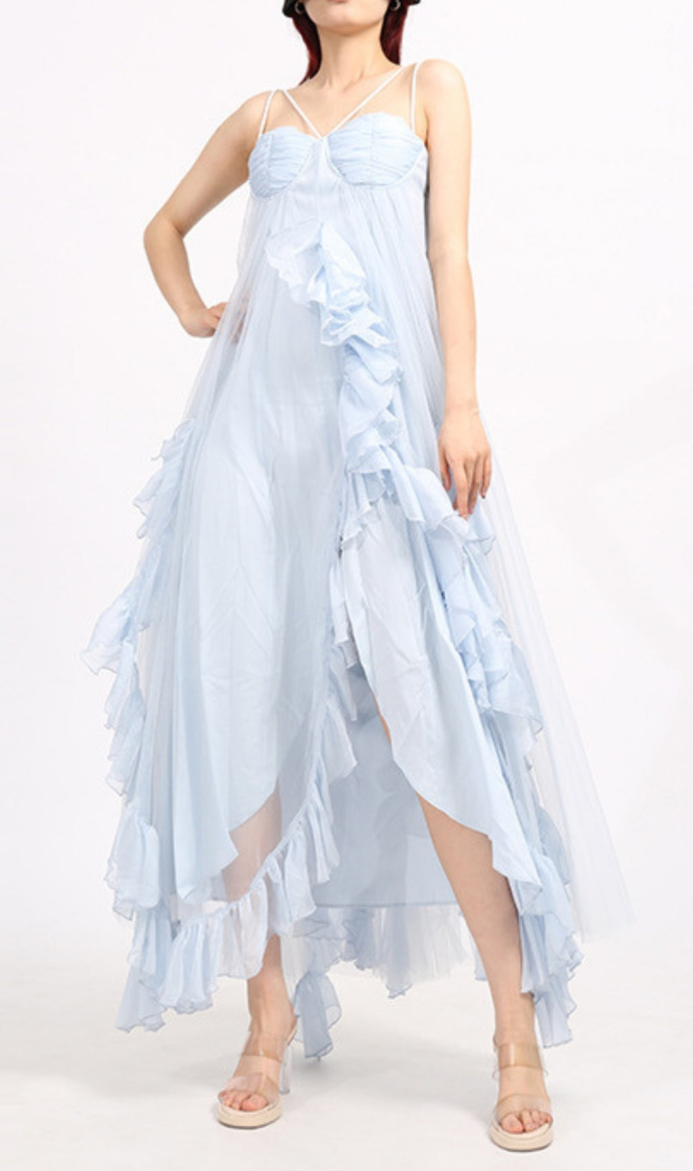 Ebru Ruffle Mesh Maxi Dress
