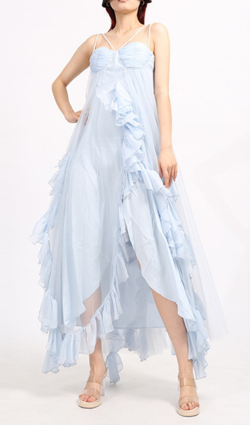 Ebru Ruffle Mesh Maxi Dress