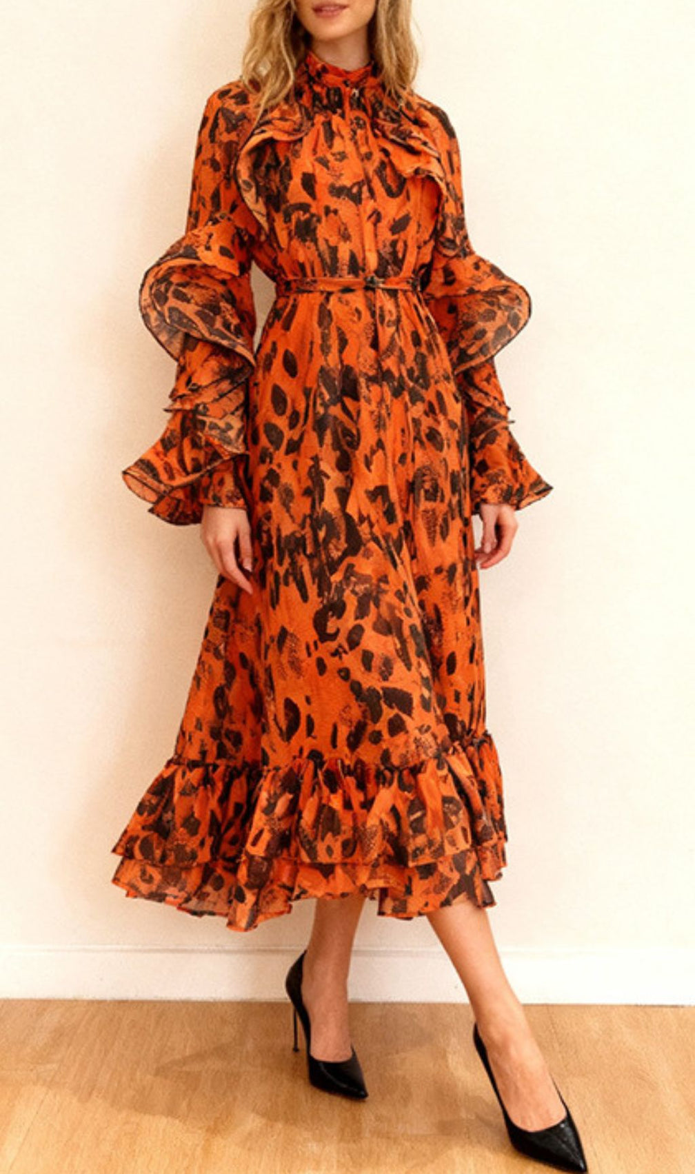 Chic Orange Leopard Ruffle Midi Dress | Long Sleeve Statement Style