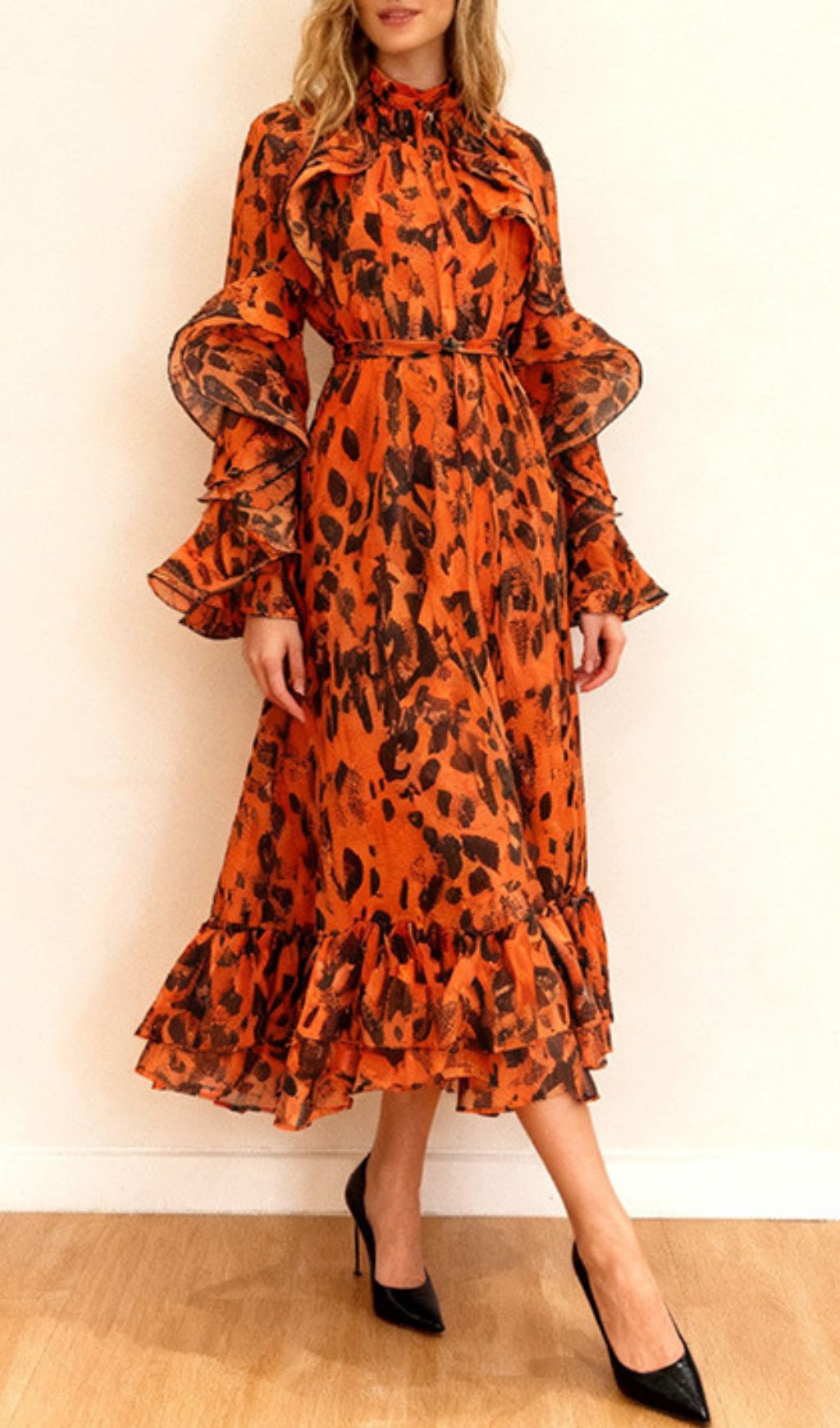 Chic Orange Leopard Ruffle Midi Dress | Long Sleeve Statement Style