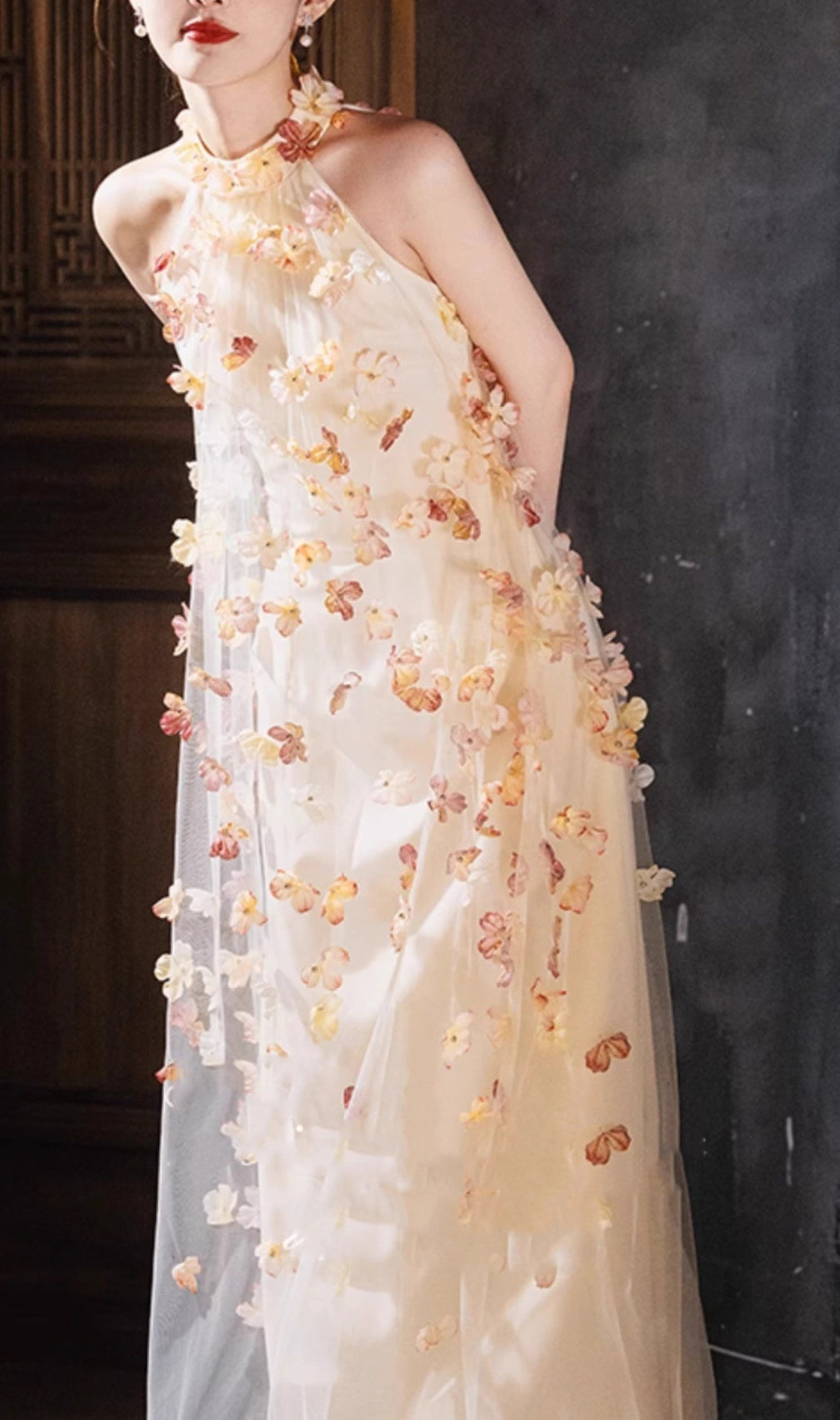 Brecken Flower Halter Mesh Maxi Dress