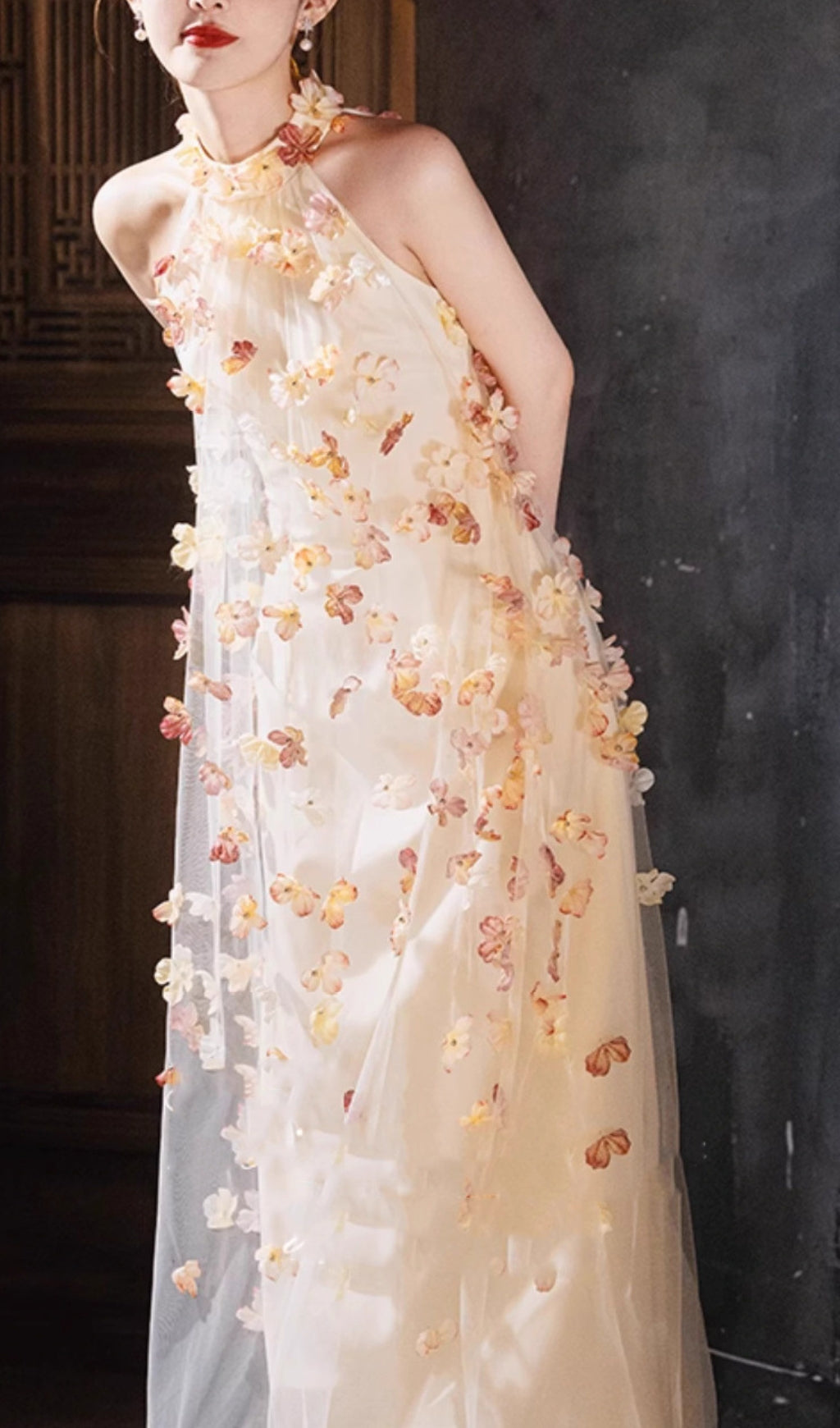 Brecken Flower Halter Mesh Maxi Dress