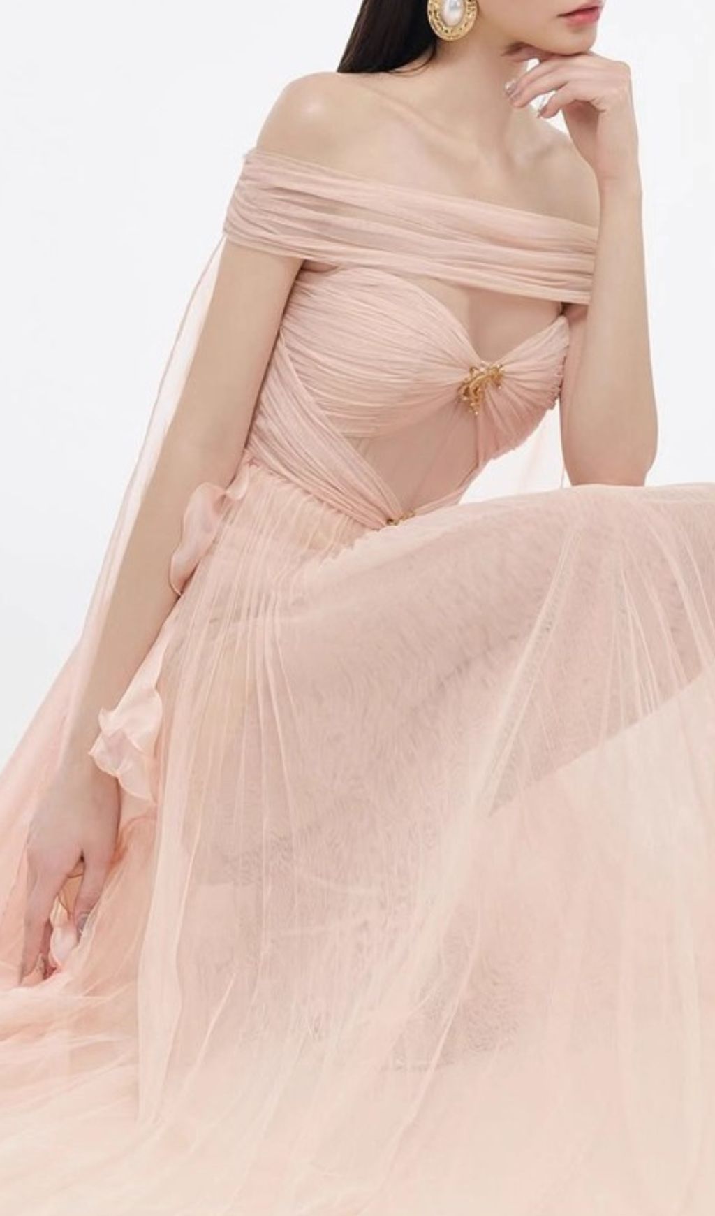 Johanna Off-Shoulder Mesh Ruffle Maxi Gown - Elegant Blush Pink Formal Dress