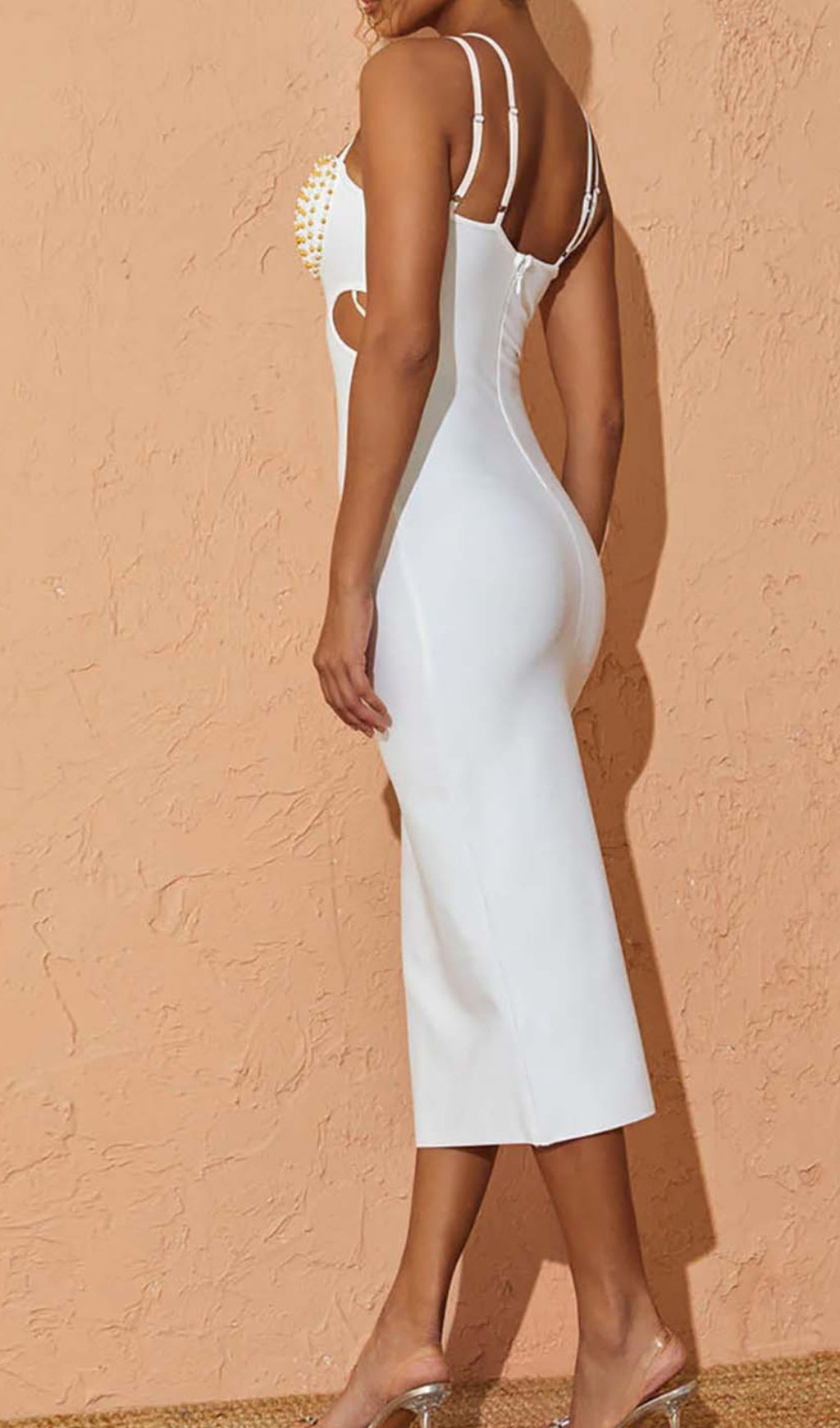 Shell Strap Beading Midi Dress In White