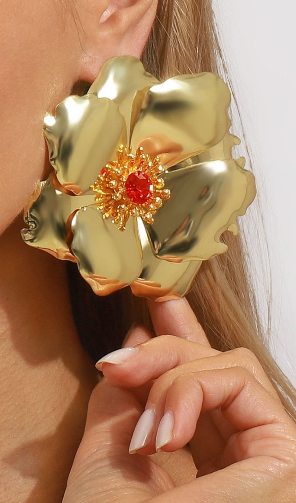 Jumana Gold Statement Flower Earrings with Red Gem