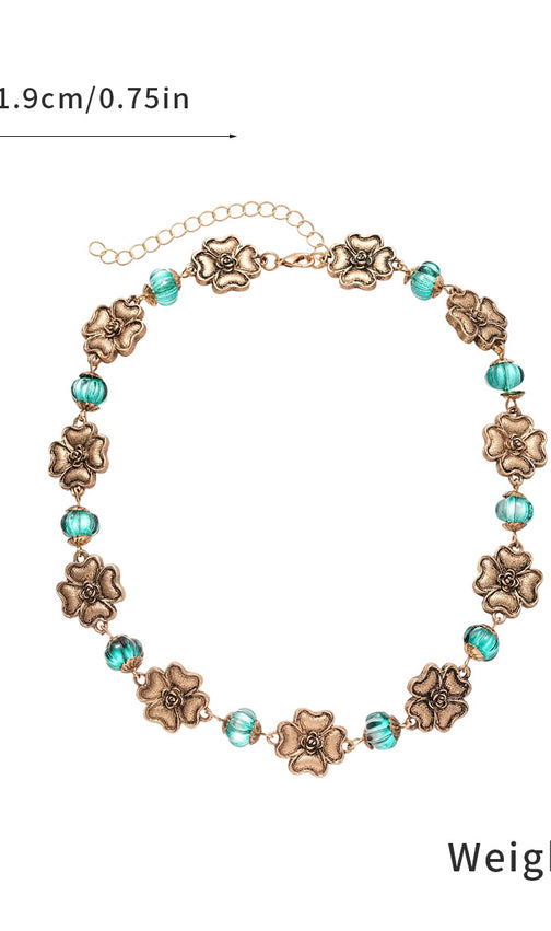 Jacoby Vintage Floral & Teal Beaded Choker Necklace for Women