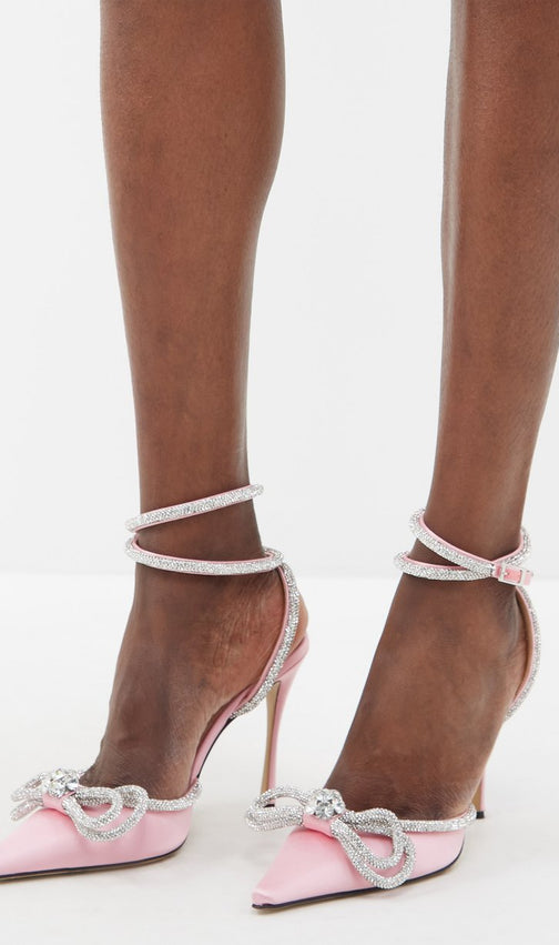 Bow Crystal Satin Heels In Blush