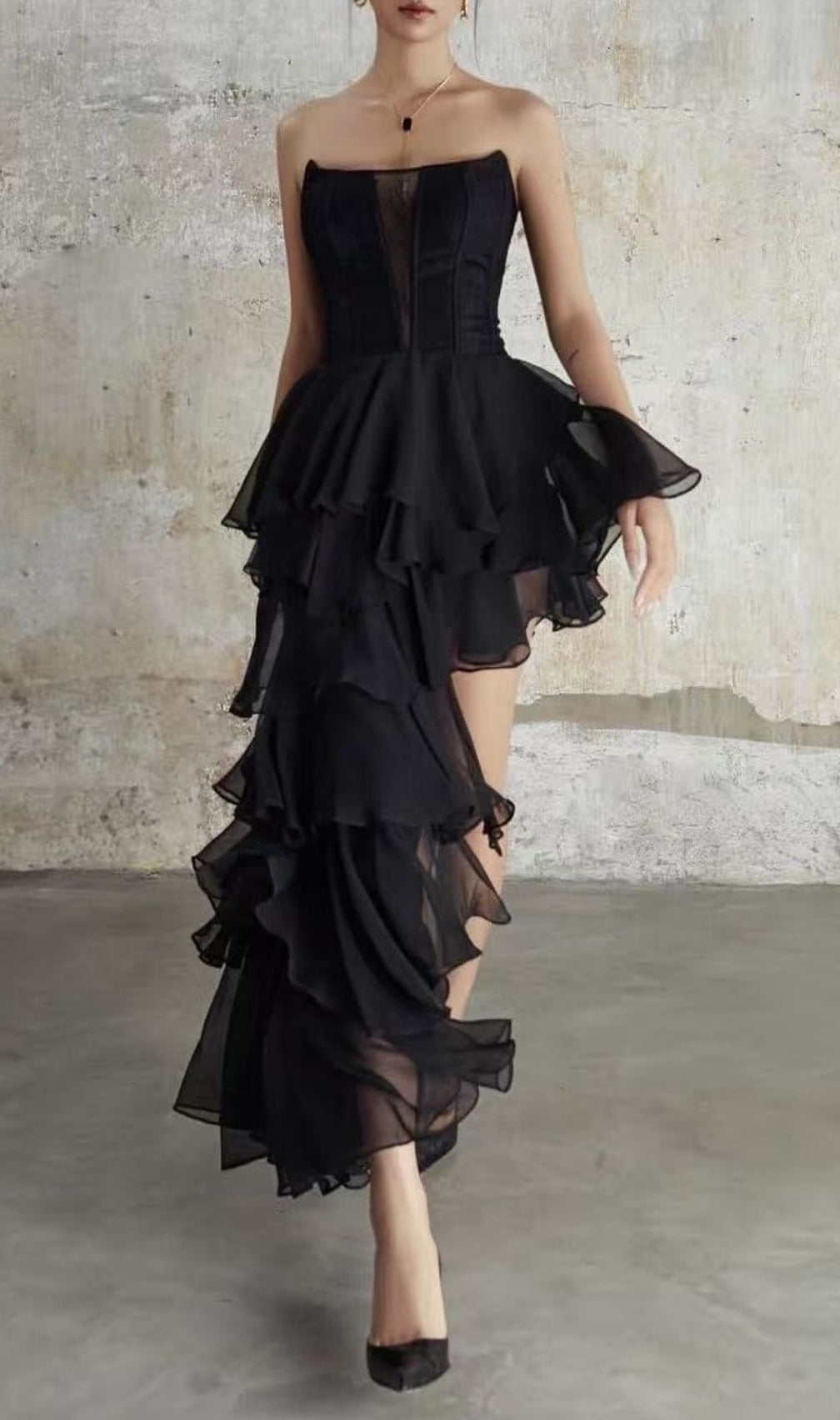 Kassi Black Strapless Tiered Ruffle Maxi Gown | Elegant Formal Evening Dress