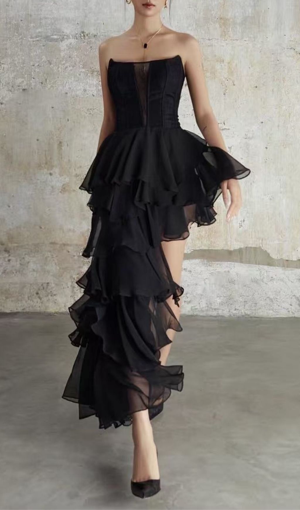 Kassi Black Strapless Tiered Ruffle Maxi Gown | Elegant Formal Evening Dress