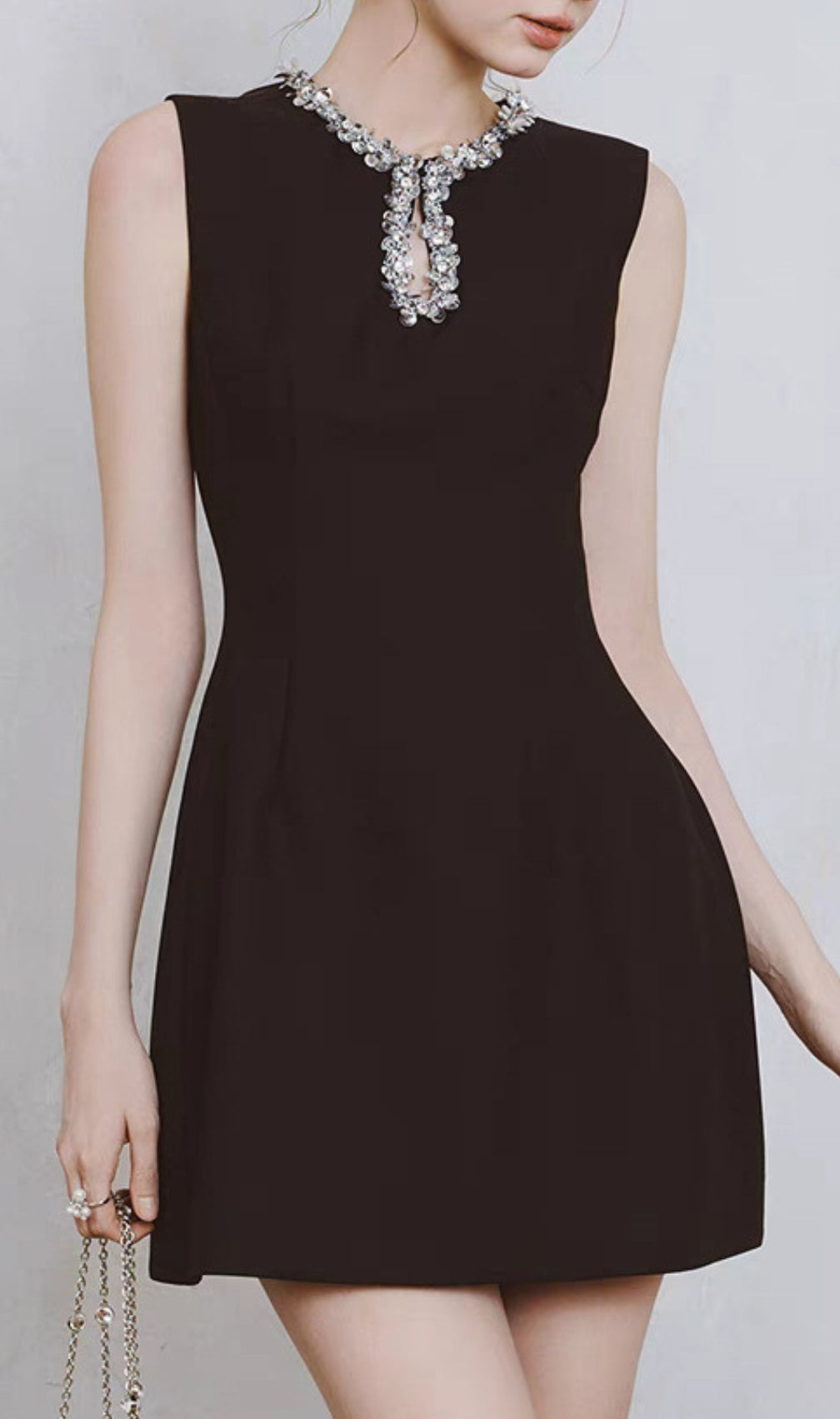 Dorin Black Embellished Neck Mini Dress