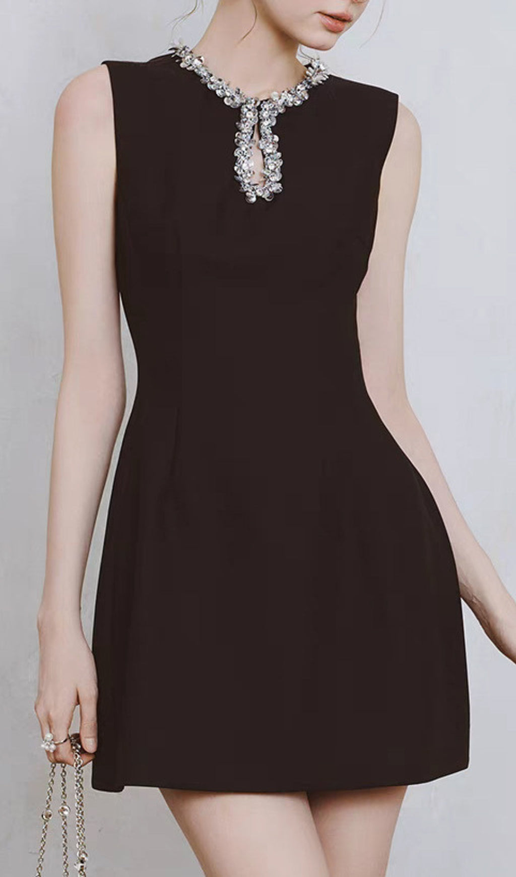 Dorin Black Embellished Neck Mini Dress