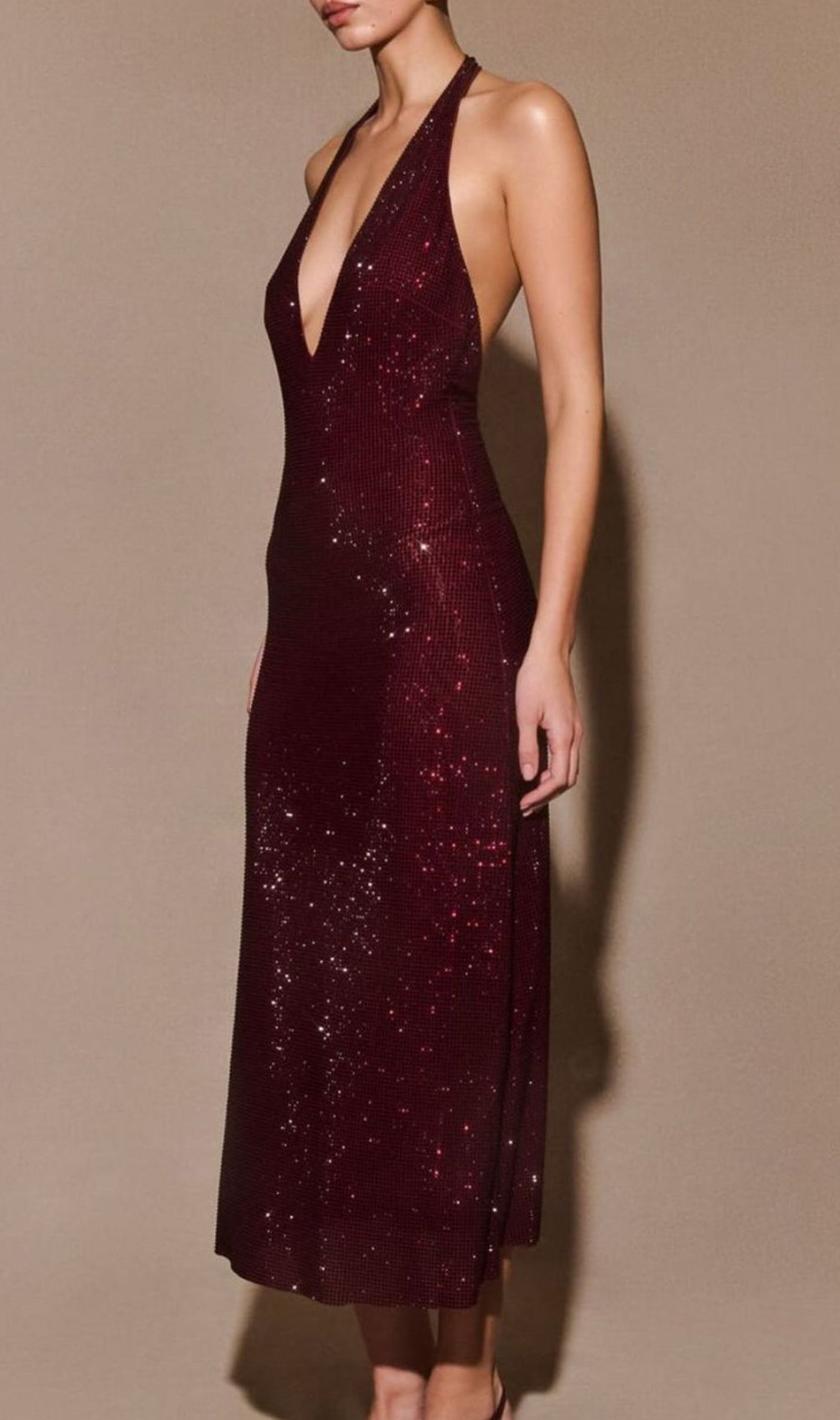 Jayne Dazzling Red Sequin Halter Backless Midi Dress - Command Attention