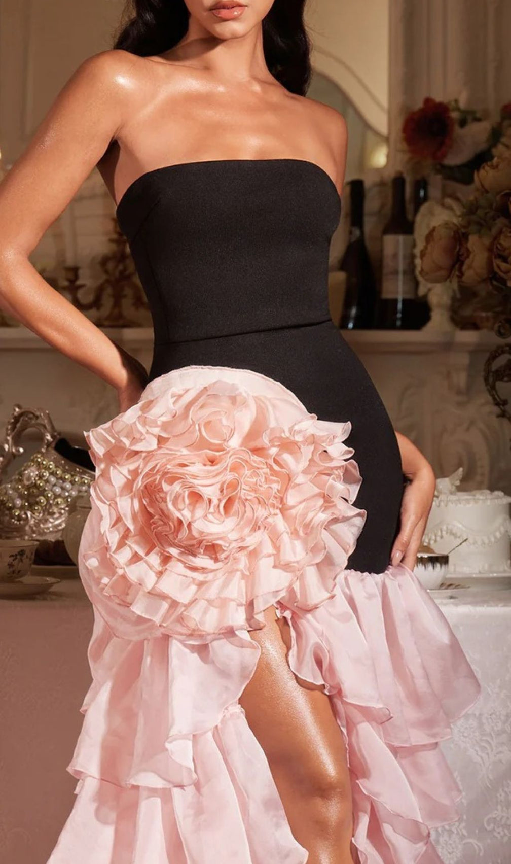 Showstopping Filib Strapless Flower Ruffle Tiered Maxi Gown with High Slit