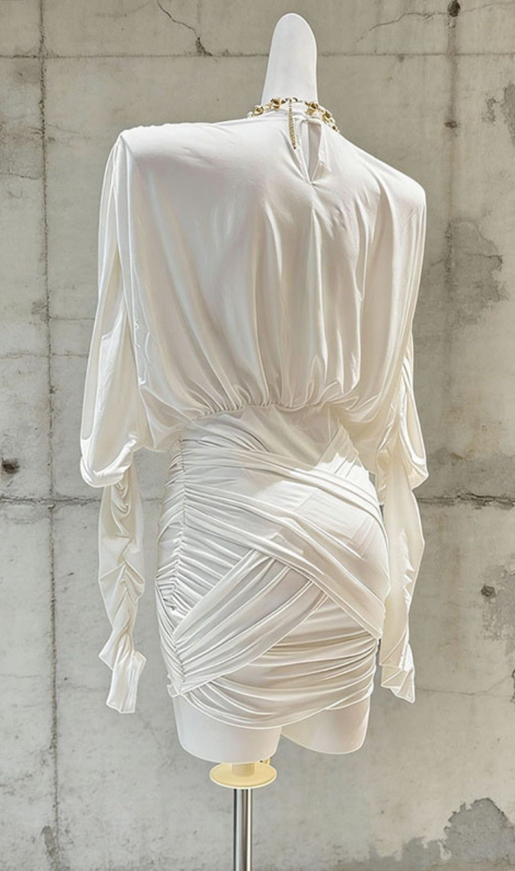 Kasa White Draped & Ruched Long Sleeve Mini Dress - Elegant & Chic