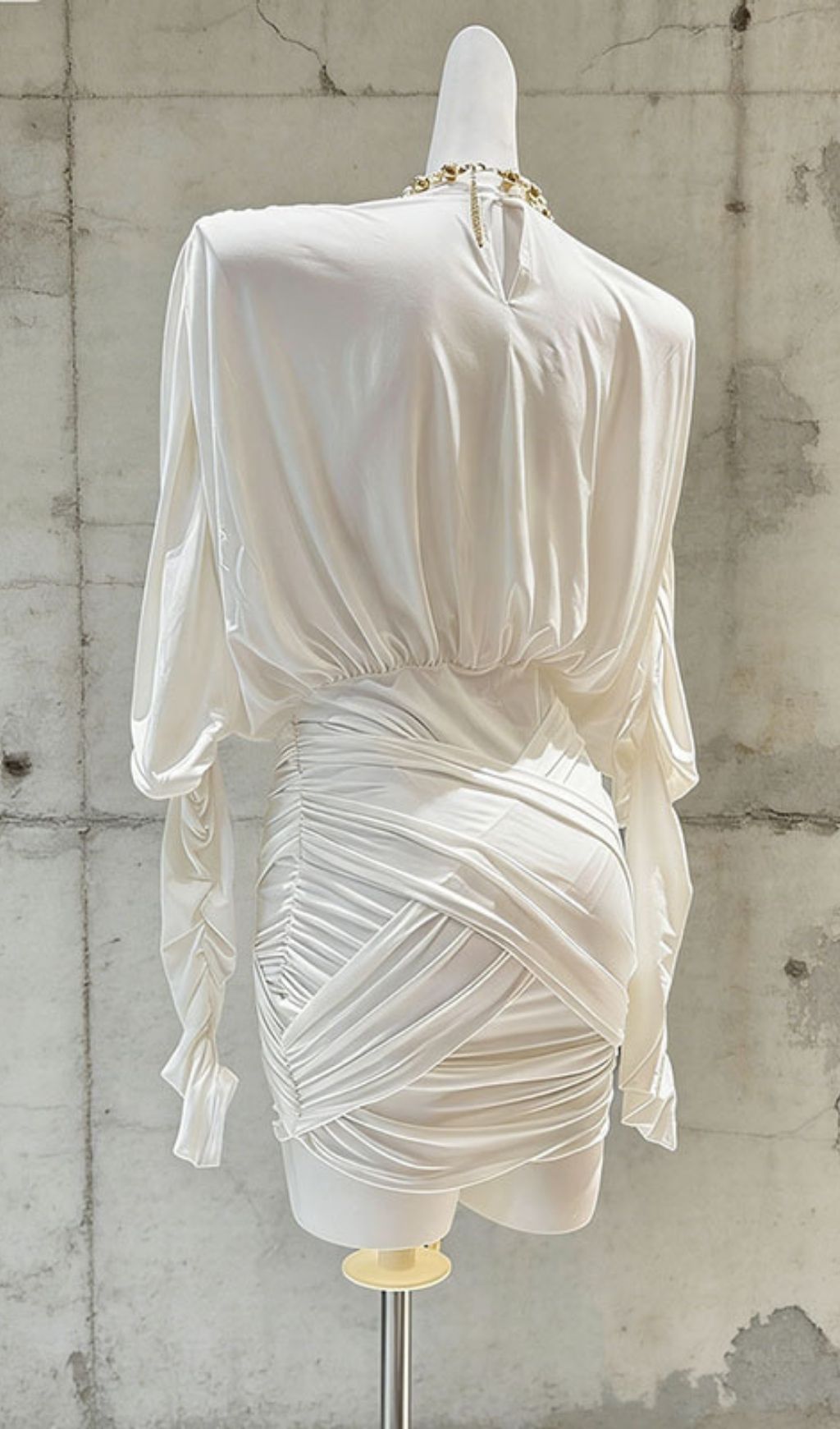 Kasa White Draped & Ruched Long Sleeve Mini Dress - Elegant & Chic