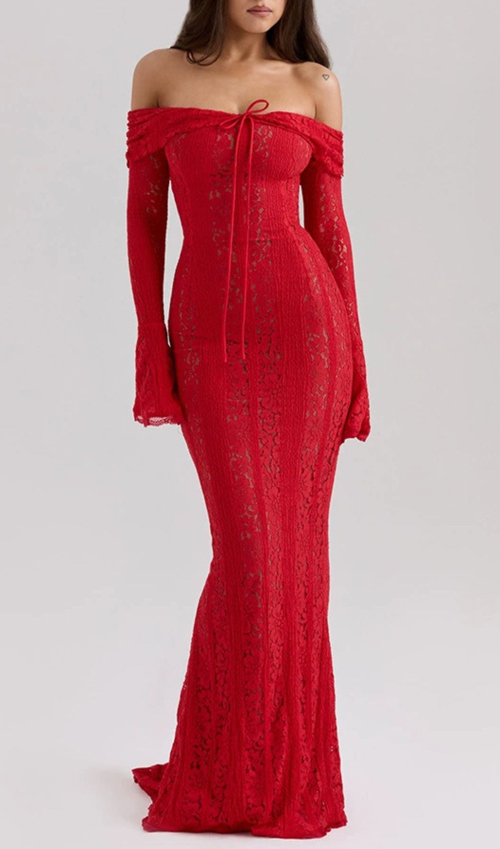 Jolene Red Lace Off-Shoulder Maxi Dress - Long Sleeve Evening Gown