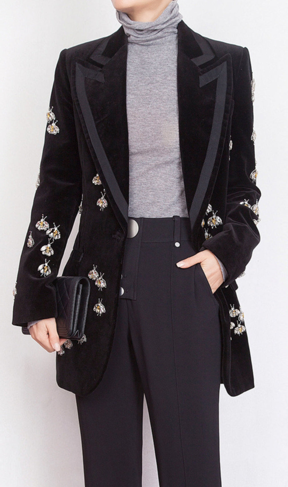 Black Velvet Blazer Jacket With Rhinestone Bees