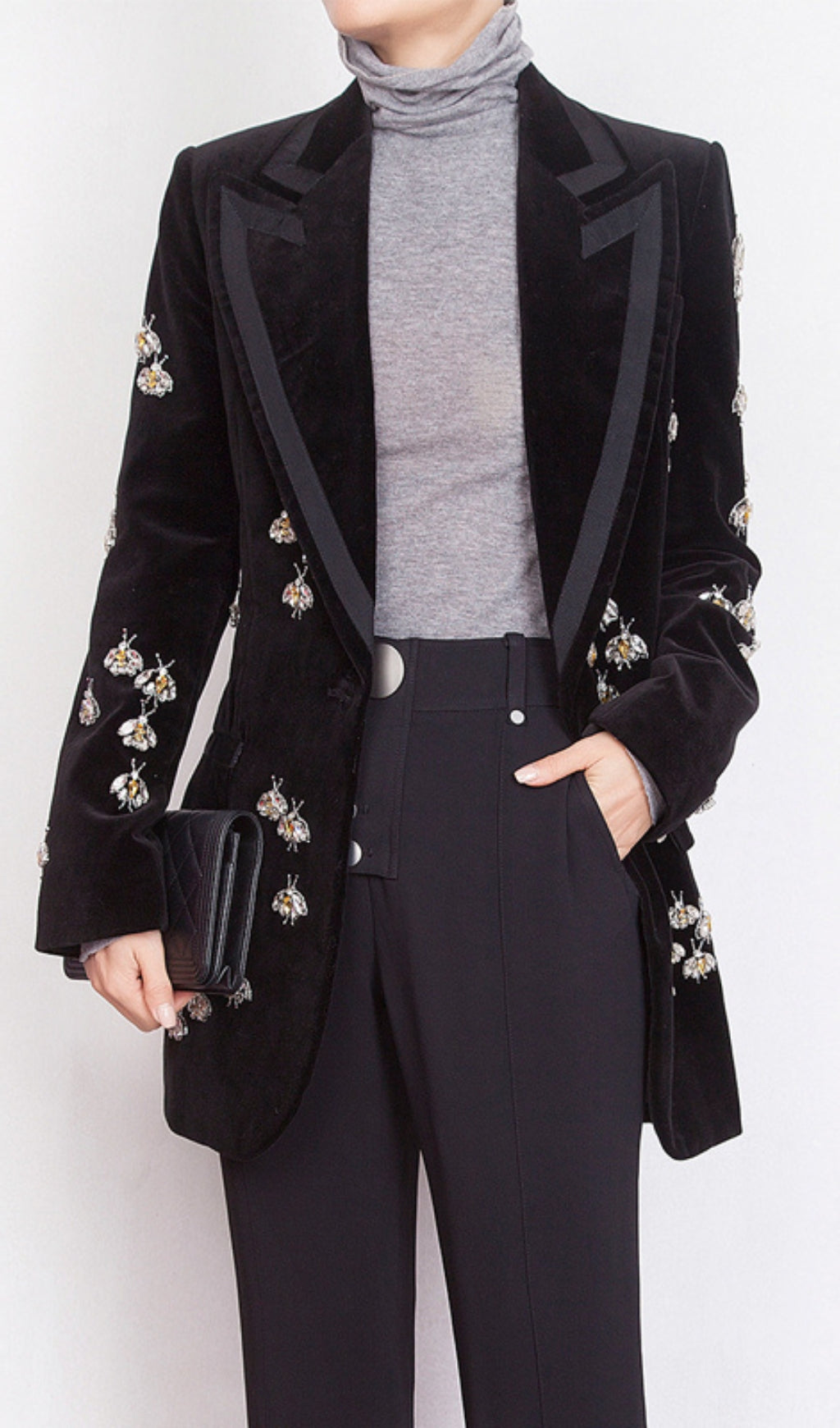 Black Velvet Blazer Jacket With Rhinestone Bees