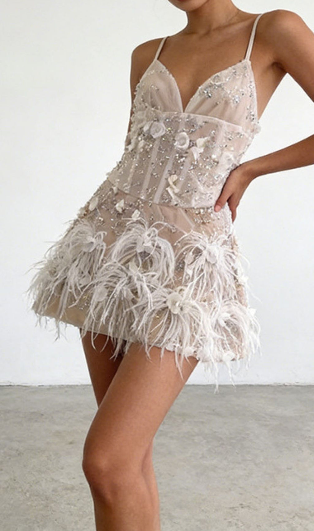 Kenza Sparkle & Feather Mini Dress - Glamorous Strappy Embellished Cocktail Dress