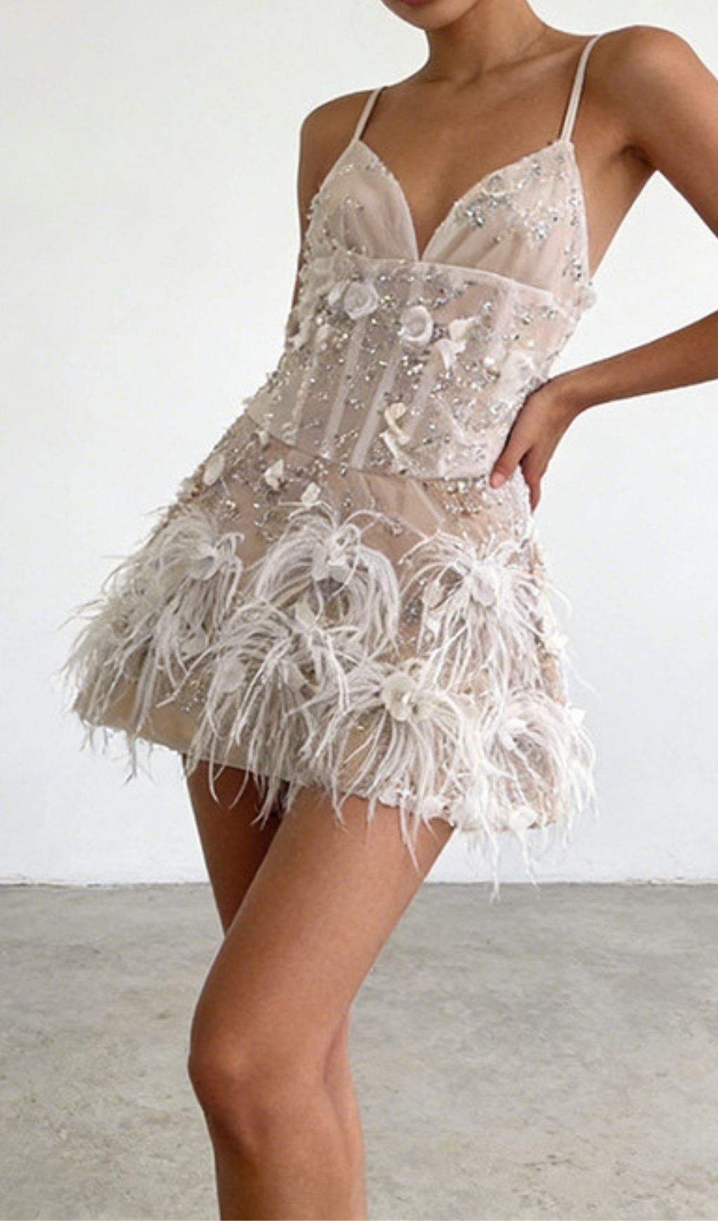 Kenza Sparkle & Feather Mini Dress - Glamorous Strappy Embellished Cocktail Dress
