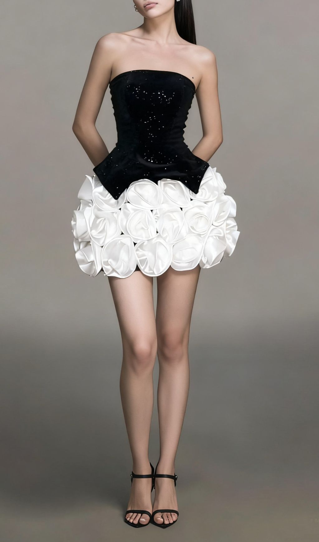 Ilithya Chic Strapless Velvet Sequin Top & 3D Flower Mini Skirt Set