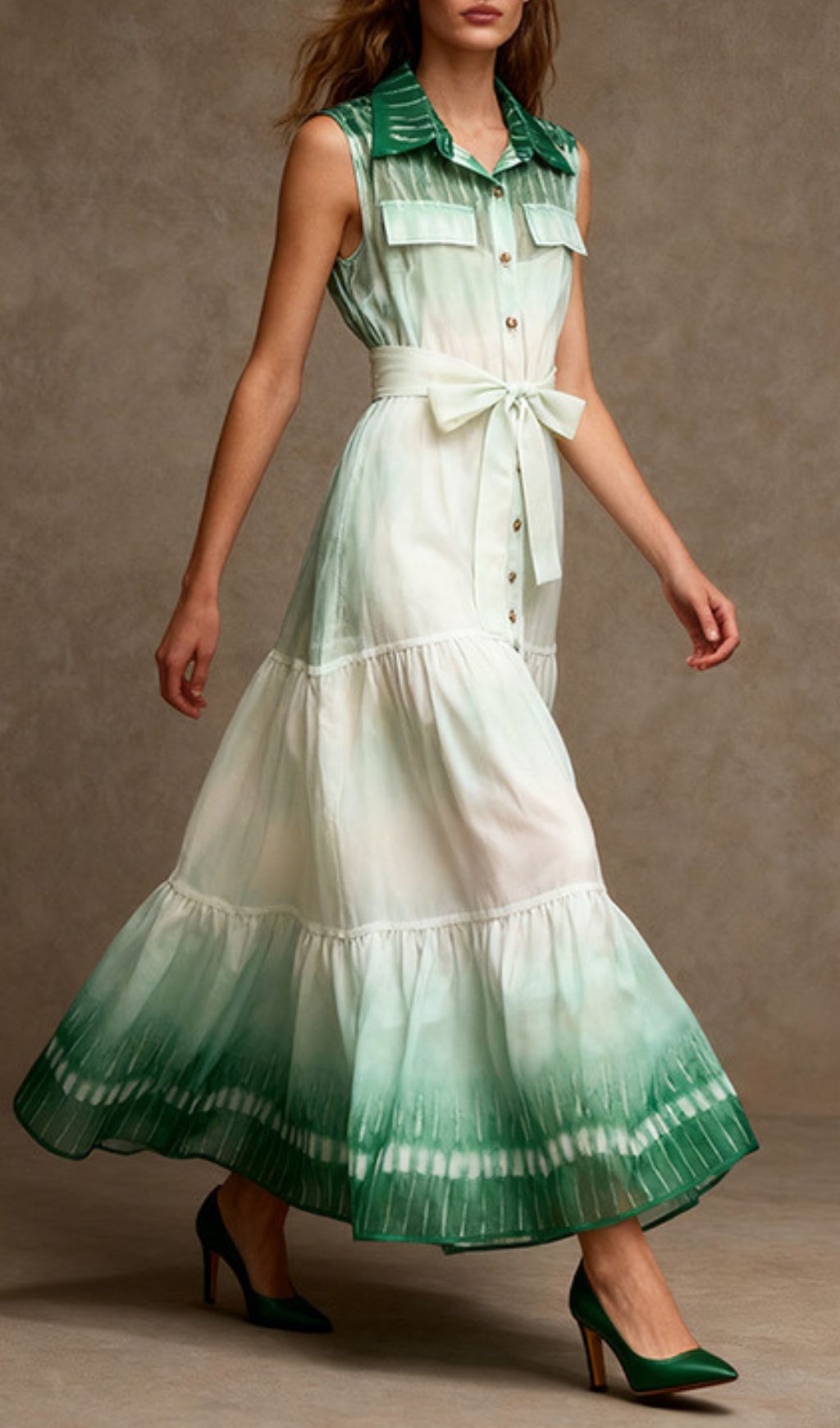 Isi Ombre Tie-Dye Sleeveless Midi Dress - Flowy Tiered Shirtdress