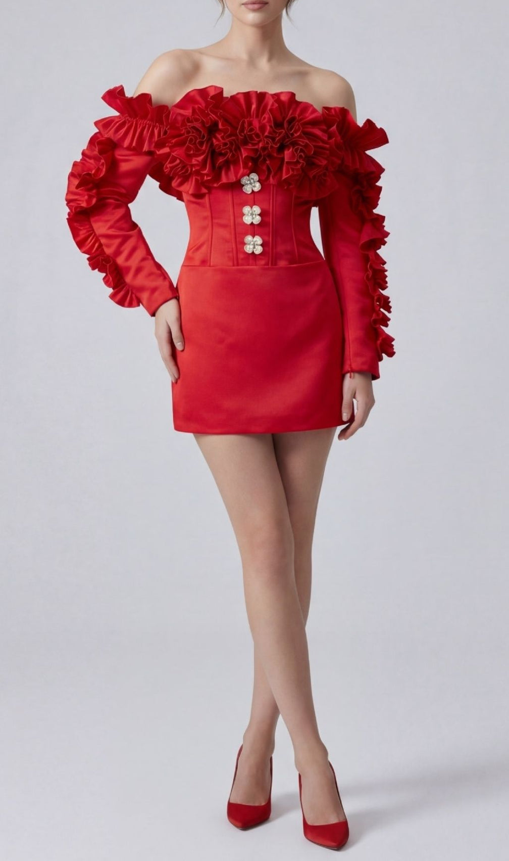Kenna Red Ruffle Off-Shoulder Mini Dress with Floral Corset Bodice
