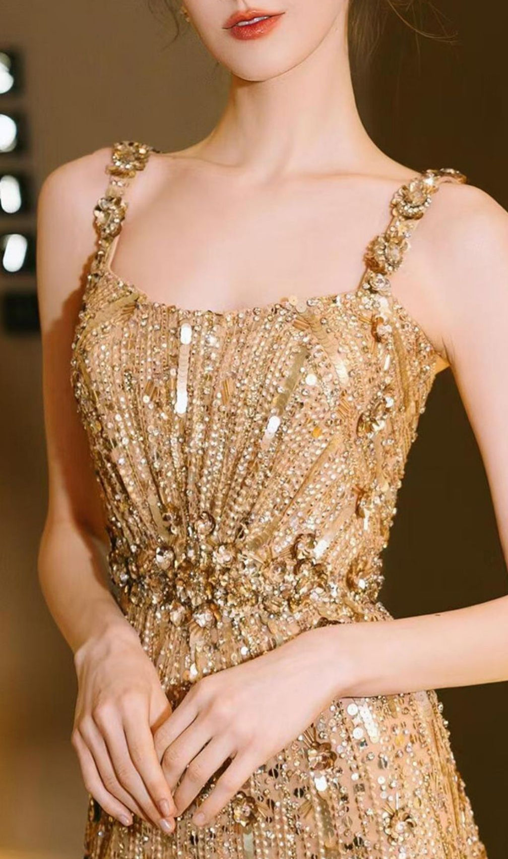 Kristin Gold Strappy Embellished Maxi Dress