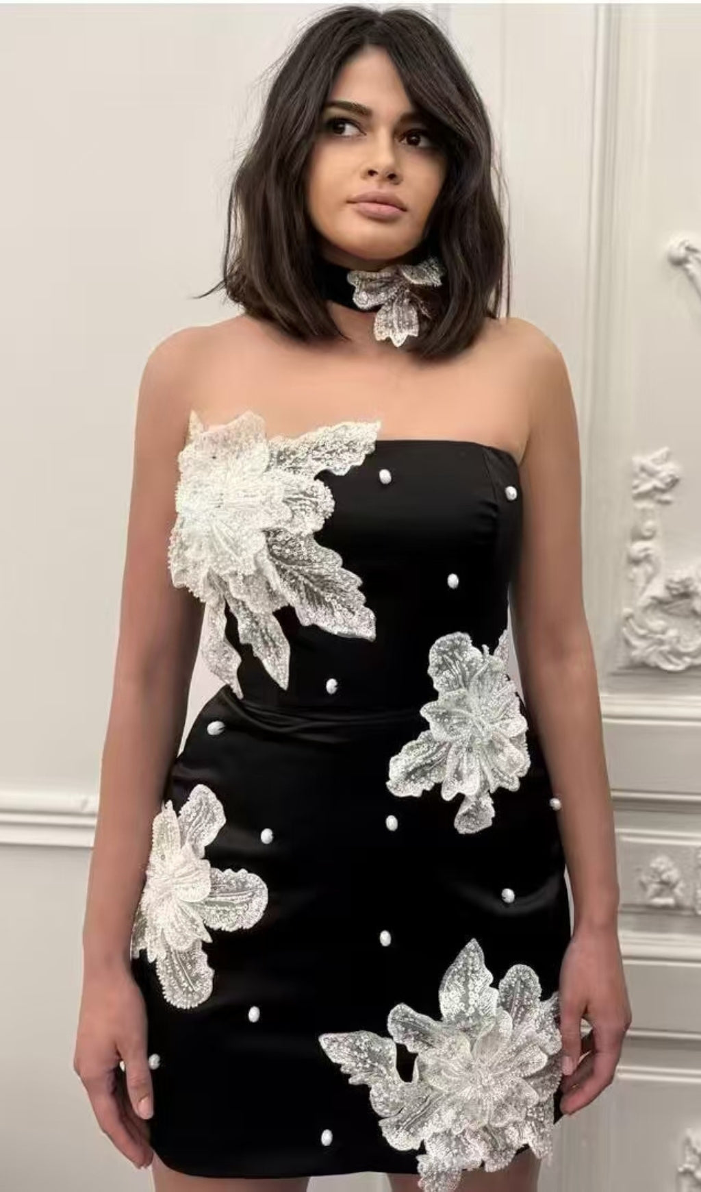 Bickford Black Strapless Flower Bandage Mini Dress