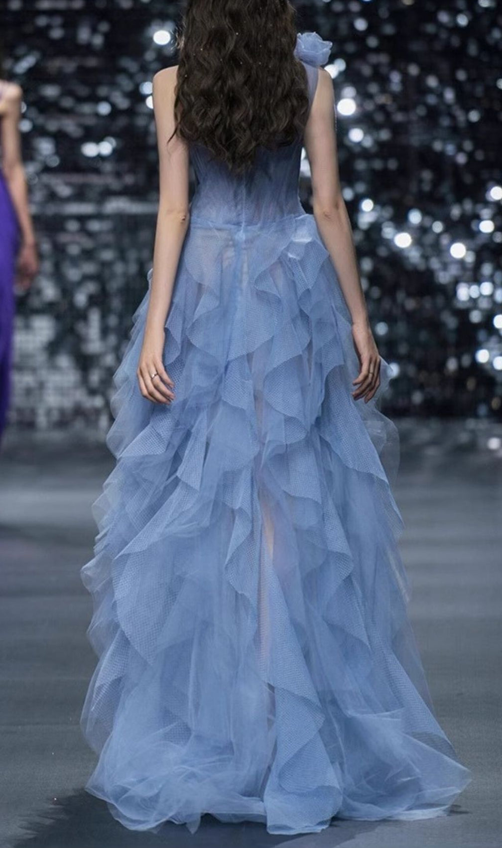 Kumiko Blue One-Shoulder Flower Mesh Maxi Dress