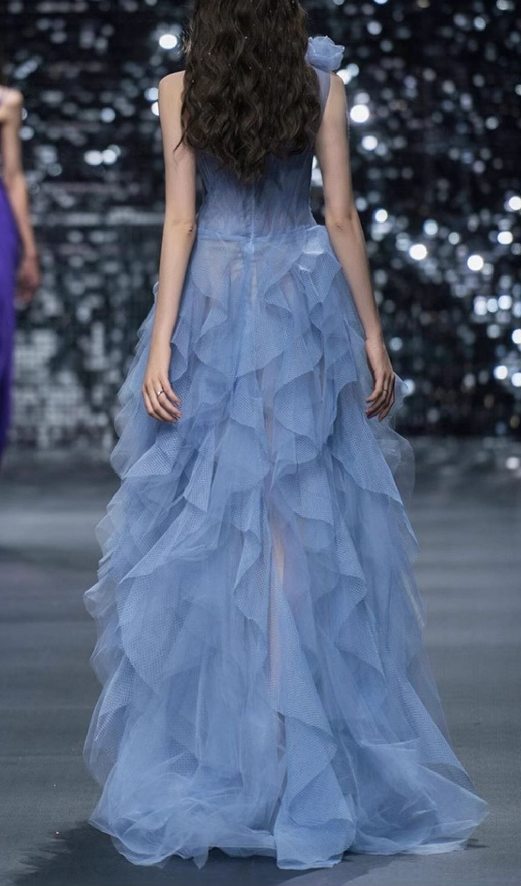 Kumiko Blue One-Shoulder Flower Mesh Maxi Dress
