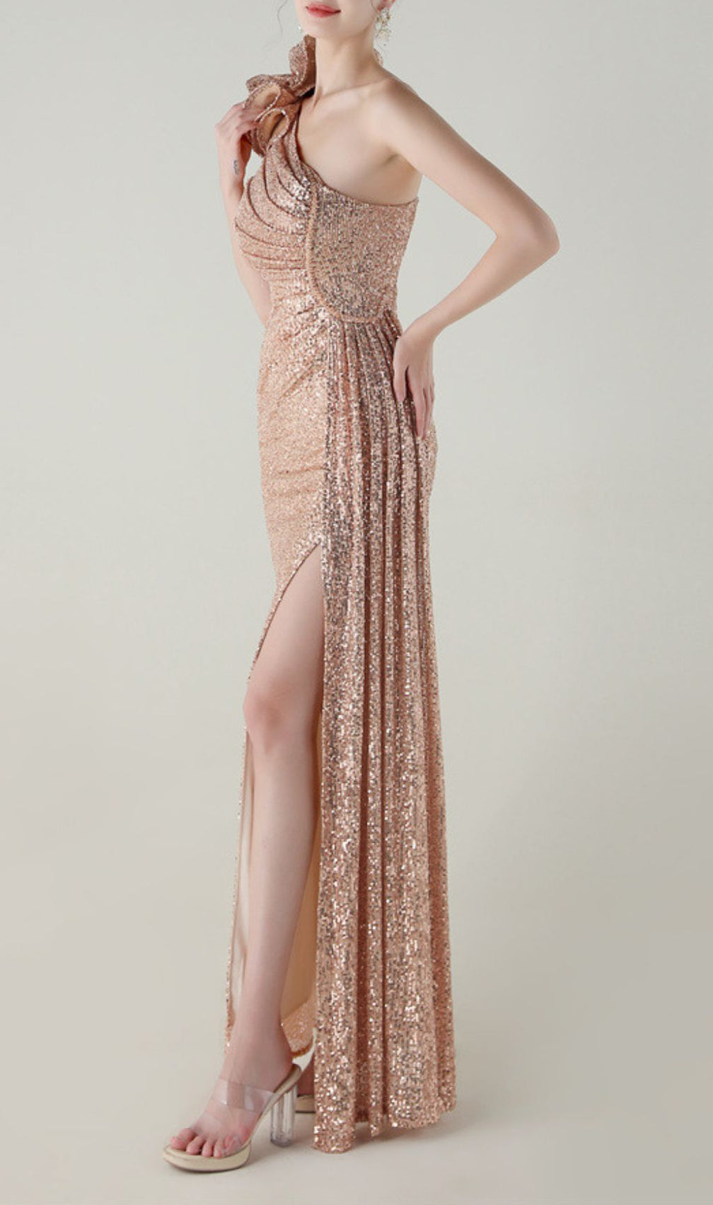 Ikia Dazzling One-Shoulder Sequin Maxi Gown with High Slit