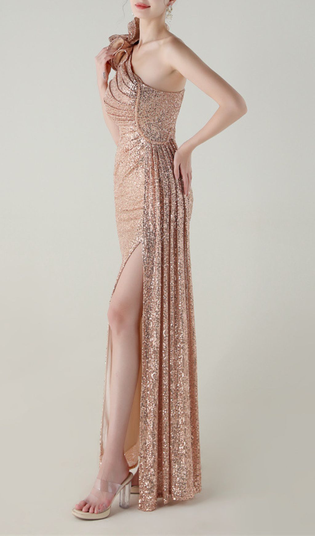 Ikia Dazzling One-Shoulder Sequin Maxi Gown with High Slit