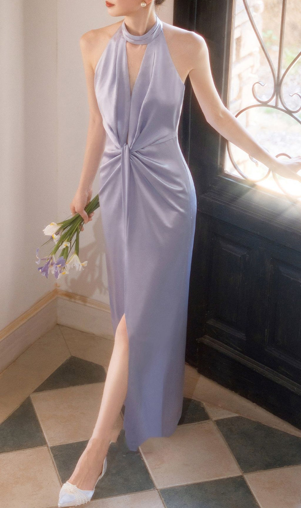 Karima Lilac Halter Ruched Maxi Dress | Elegant Satin Gown