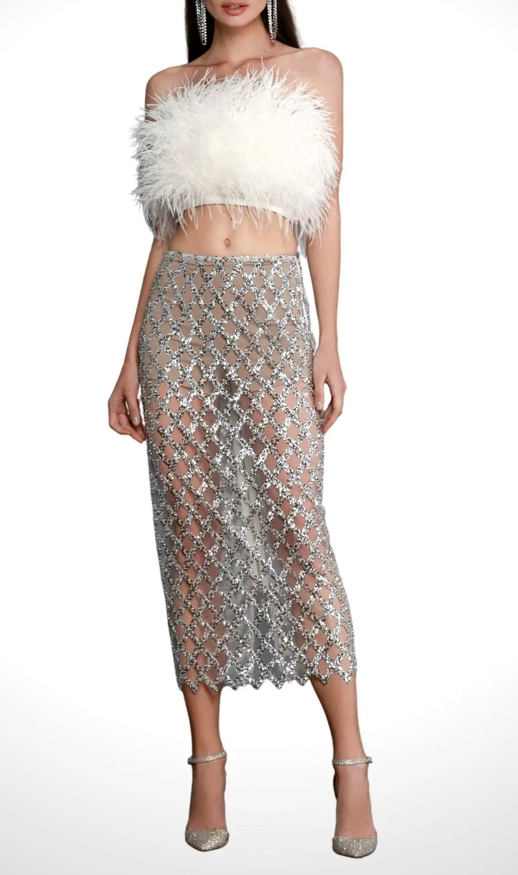 Feather Sequin Two Piece Set In White