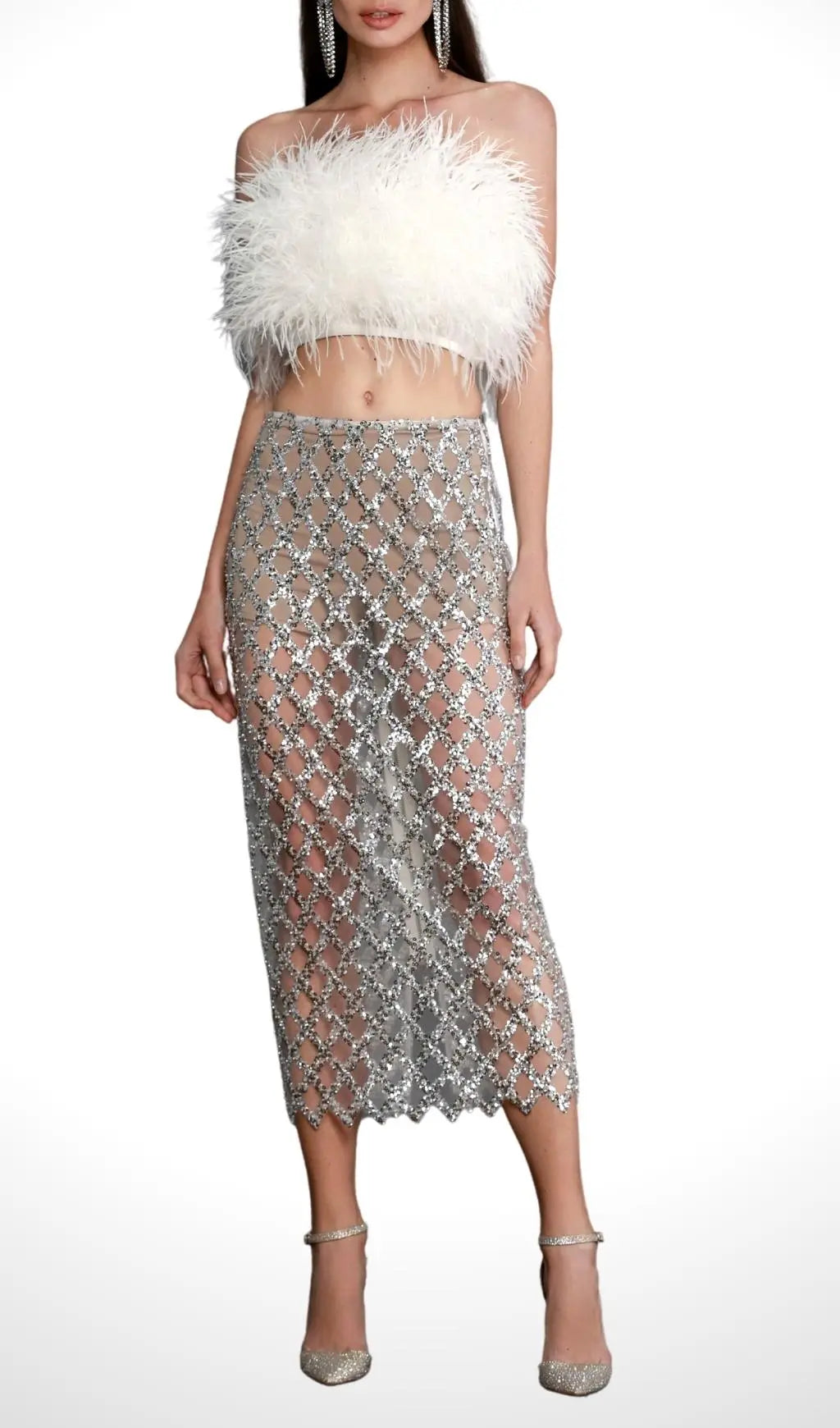 Feather Sequin Two Piece Set In White