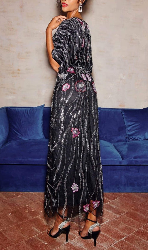 Doreen Black Floral Sequin Maxi Dress - Elegant Evening & Gala Gown