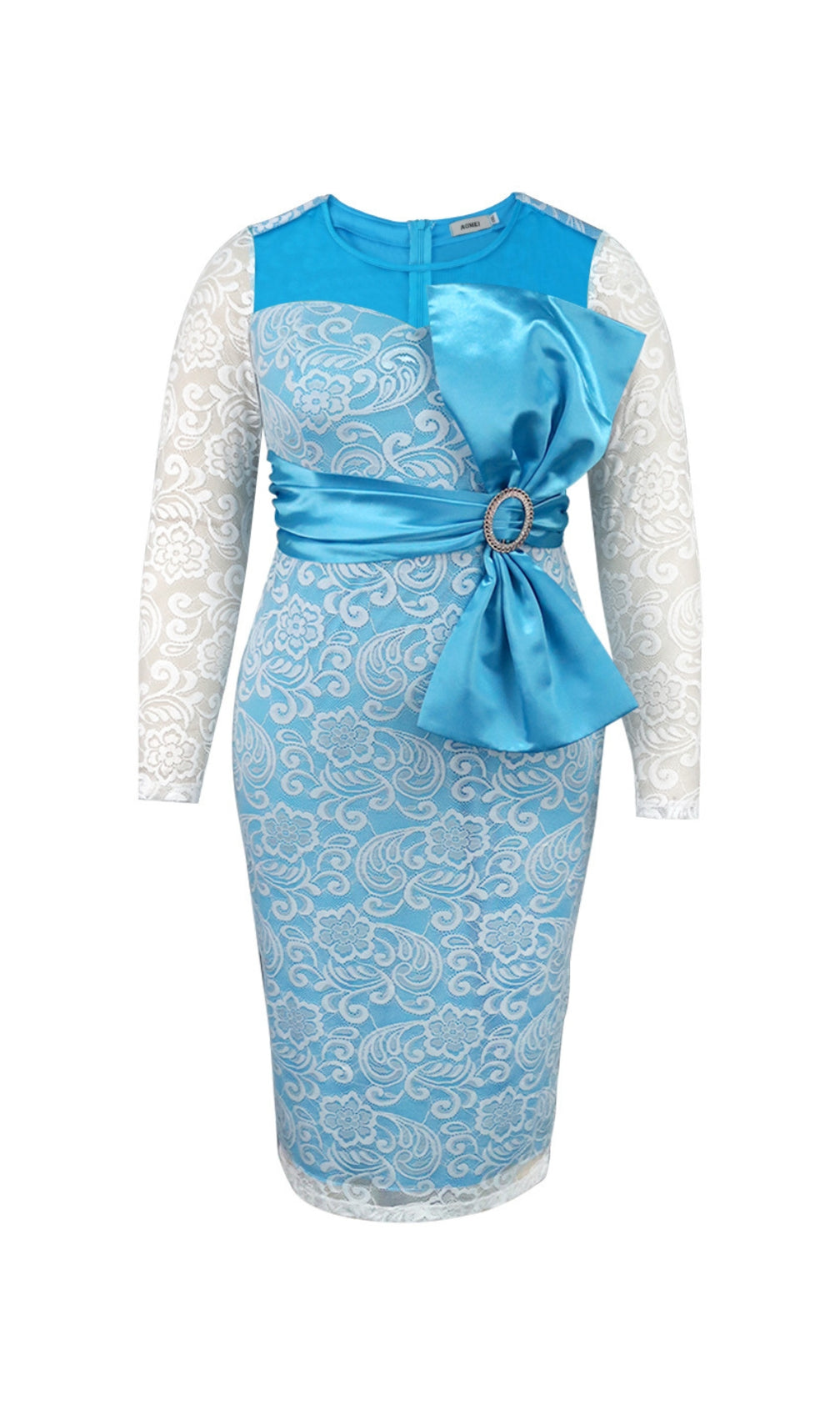 Baila Blue Bow Lace Long Sleeve Midi Dress