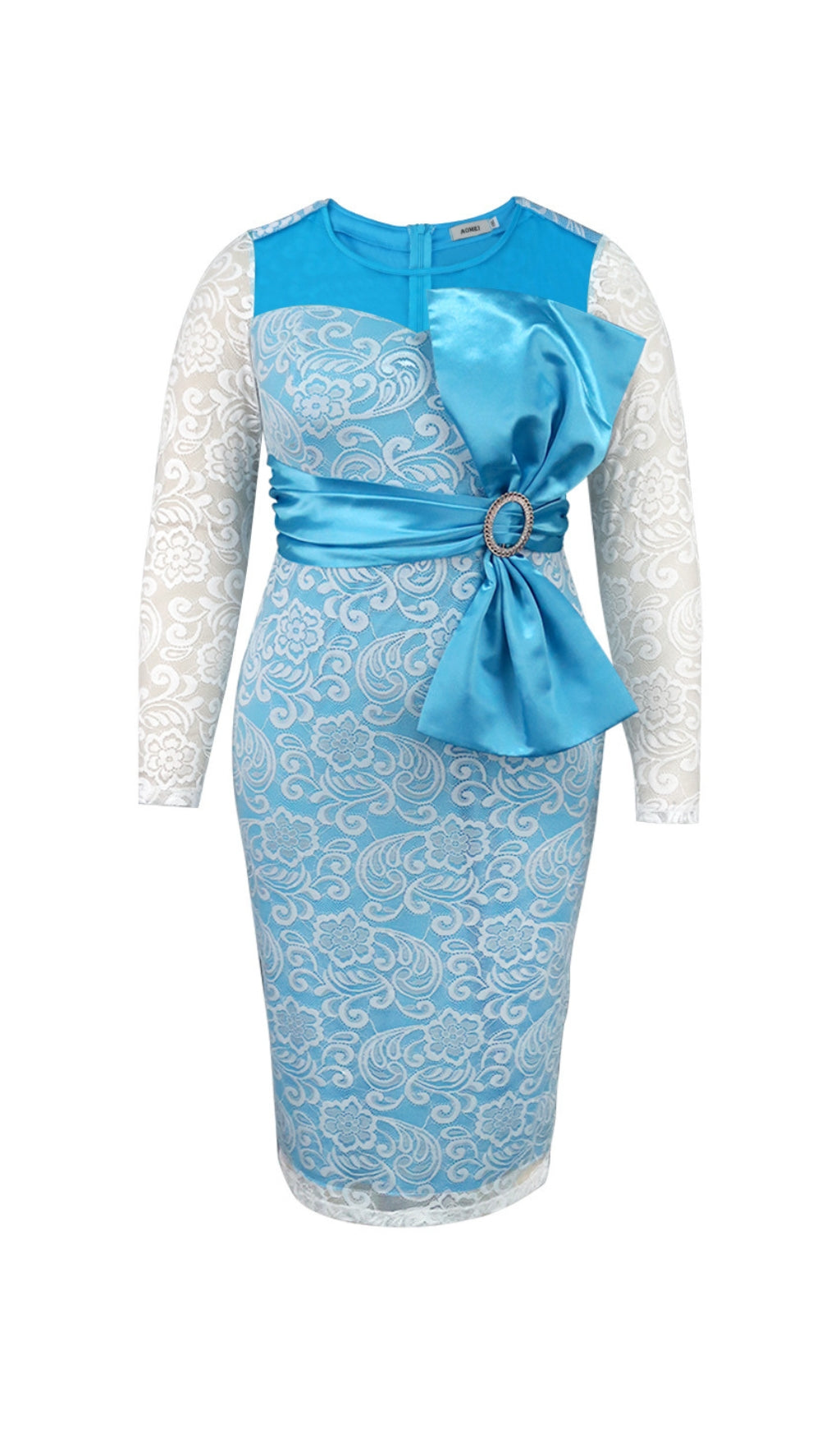 Baila Blue Bow Lace Long Sleeve Midi Dress