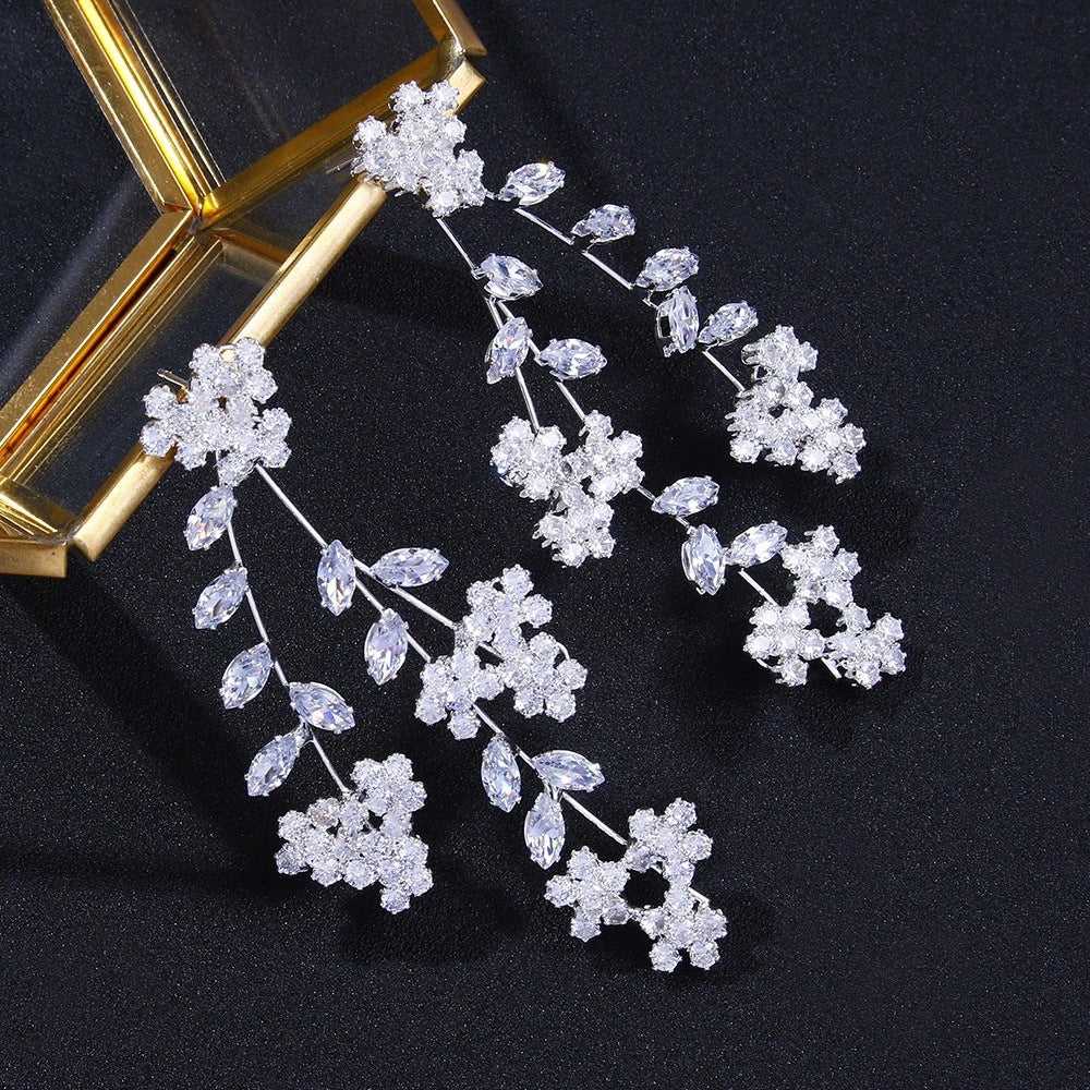 Ethereal Crystal Floral Leaf Bridal Drop Earrings