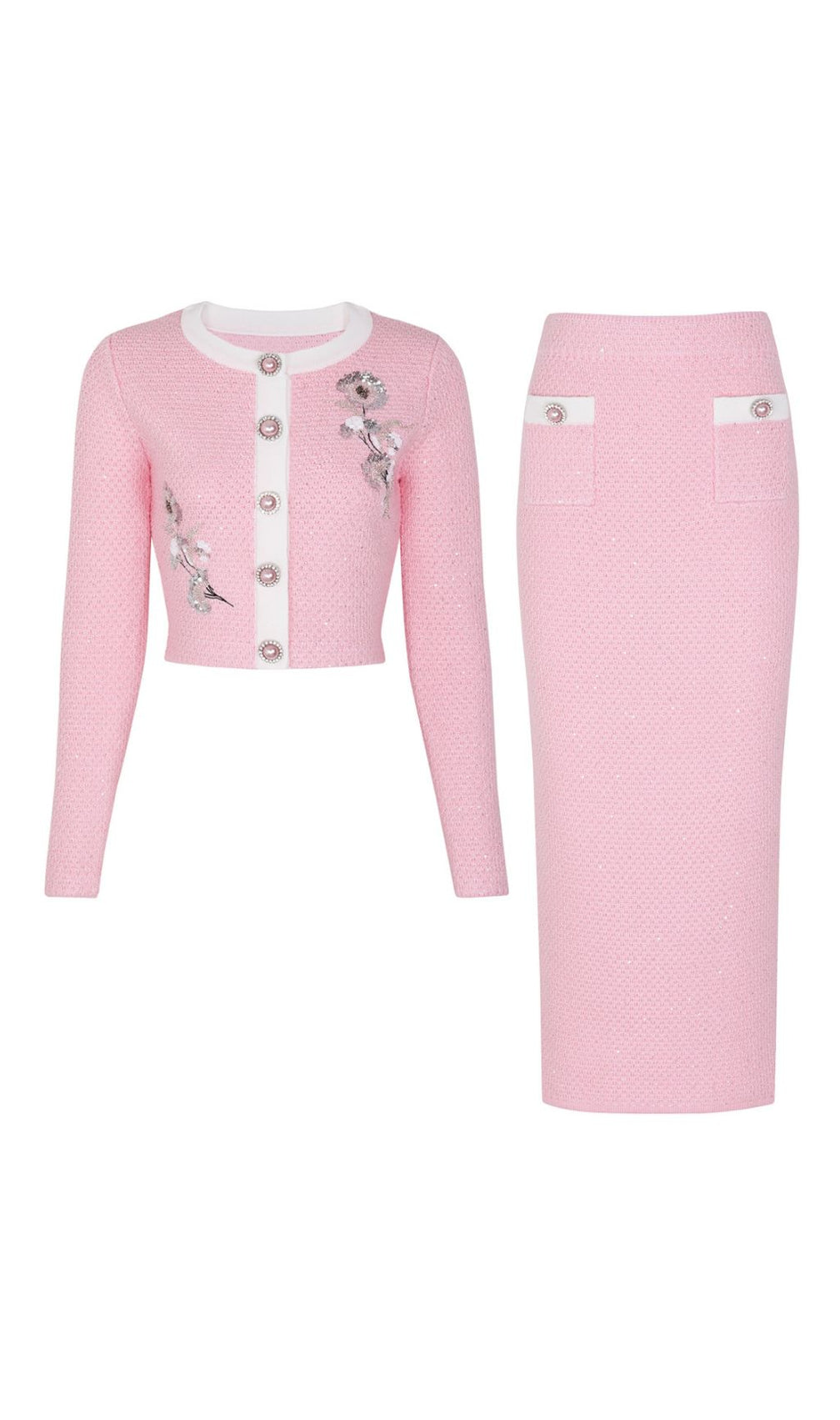 Chic Pink Sequin Knit Cardigan & Midi Skirt Set